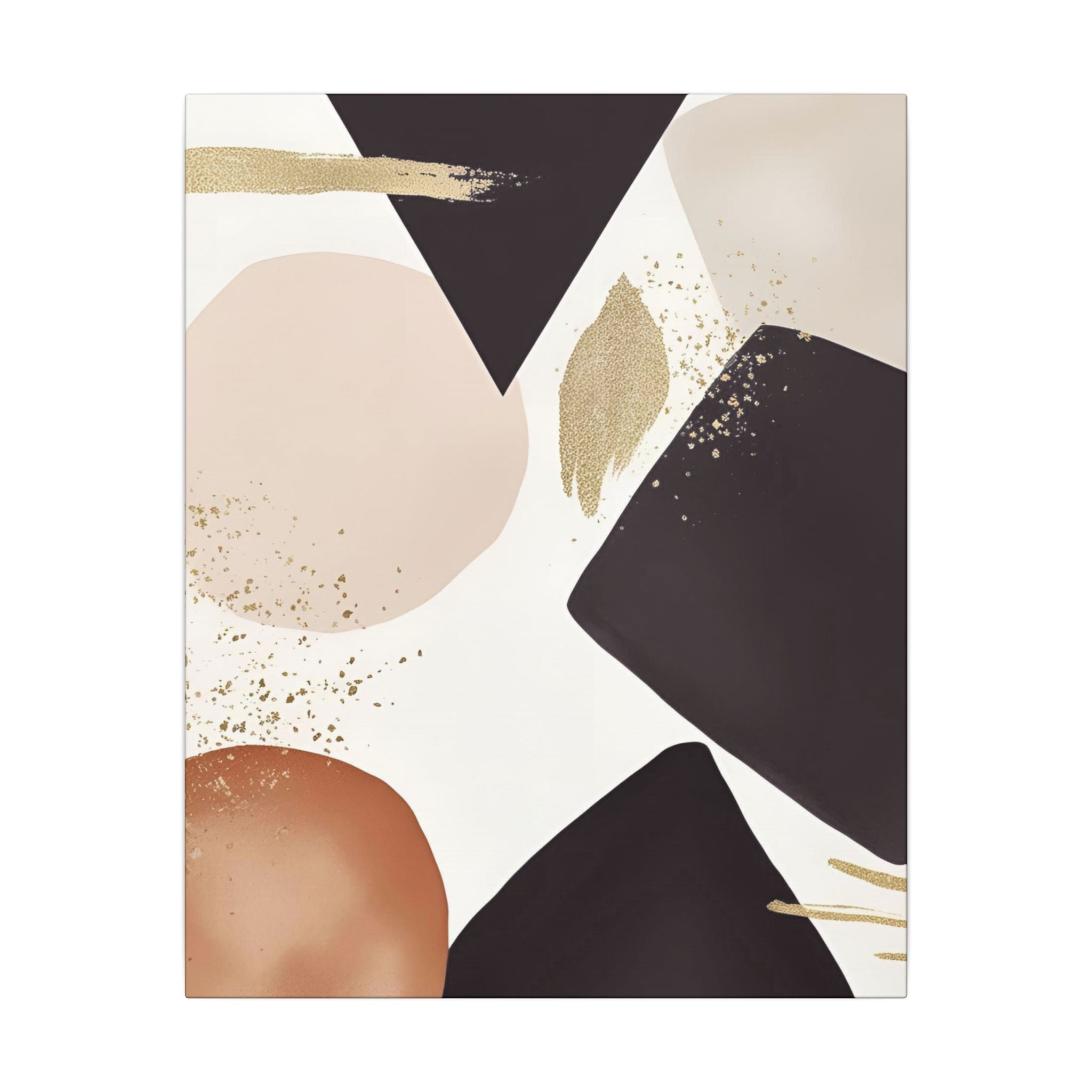 The image is a modern abstract art piece featuring a variety of shapes and colors, including shades of black, brown, and beige. The composition includes a mix of geometric and organic forms, creating a visually striking and dynamic composition.