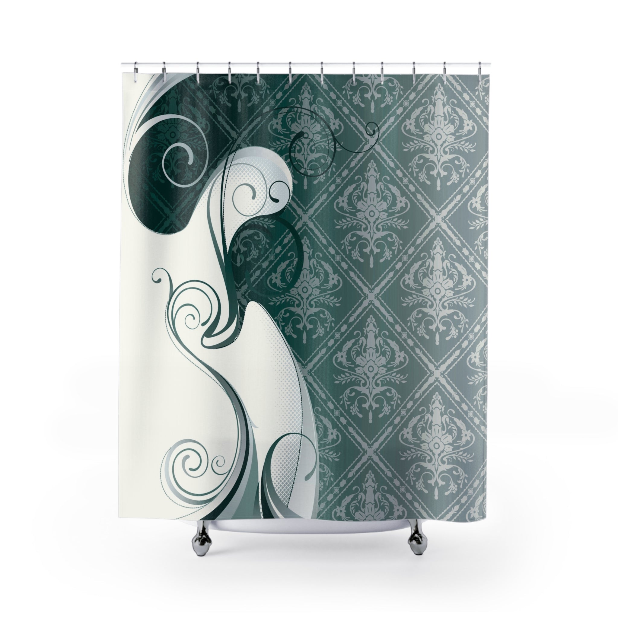 Boho Shower Curtain | Teal Green, White Moroccan Abstract Fabric Curtain