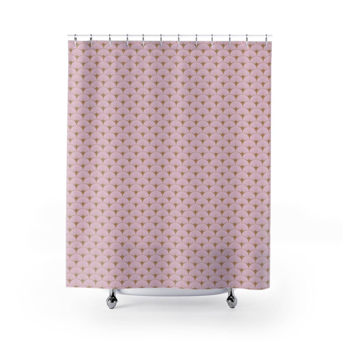 A shower curtain with a repeating pattern of pink and brown diamonds or stars.