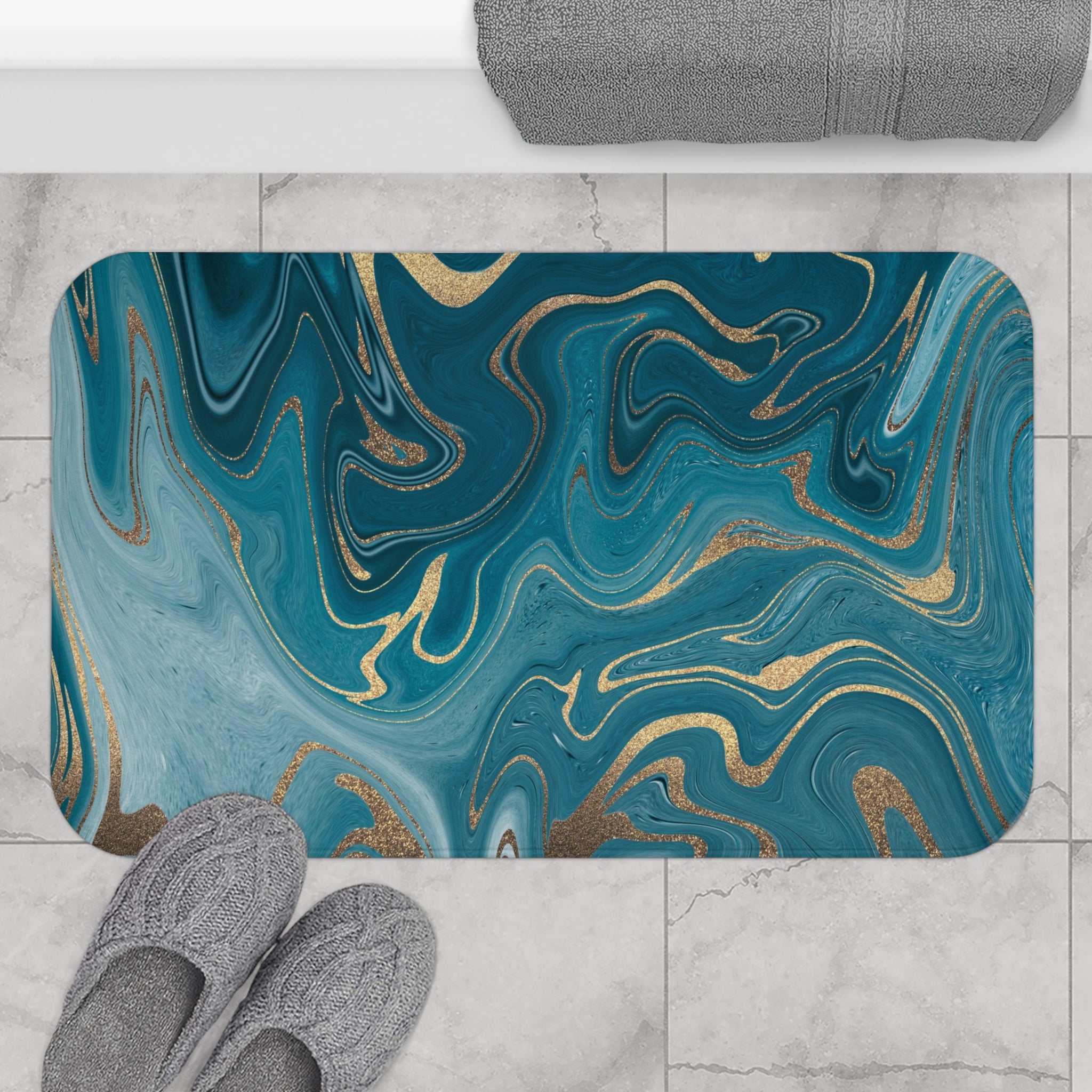 Marble Abstract Bath Mat | Teal Blue Kitchen Mat