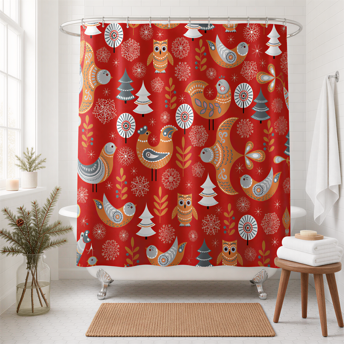 a bathroom with a red shower curtain adorned with a pattern of owls and snowflakes. The bathroom is decorated with a Christmas tree, a potted plant, and a towel rack.