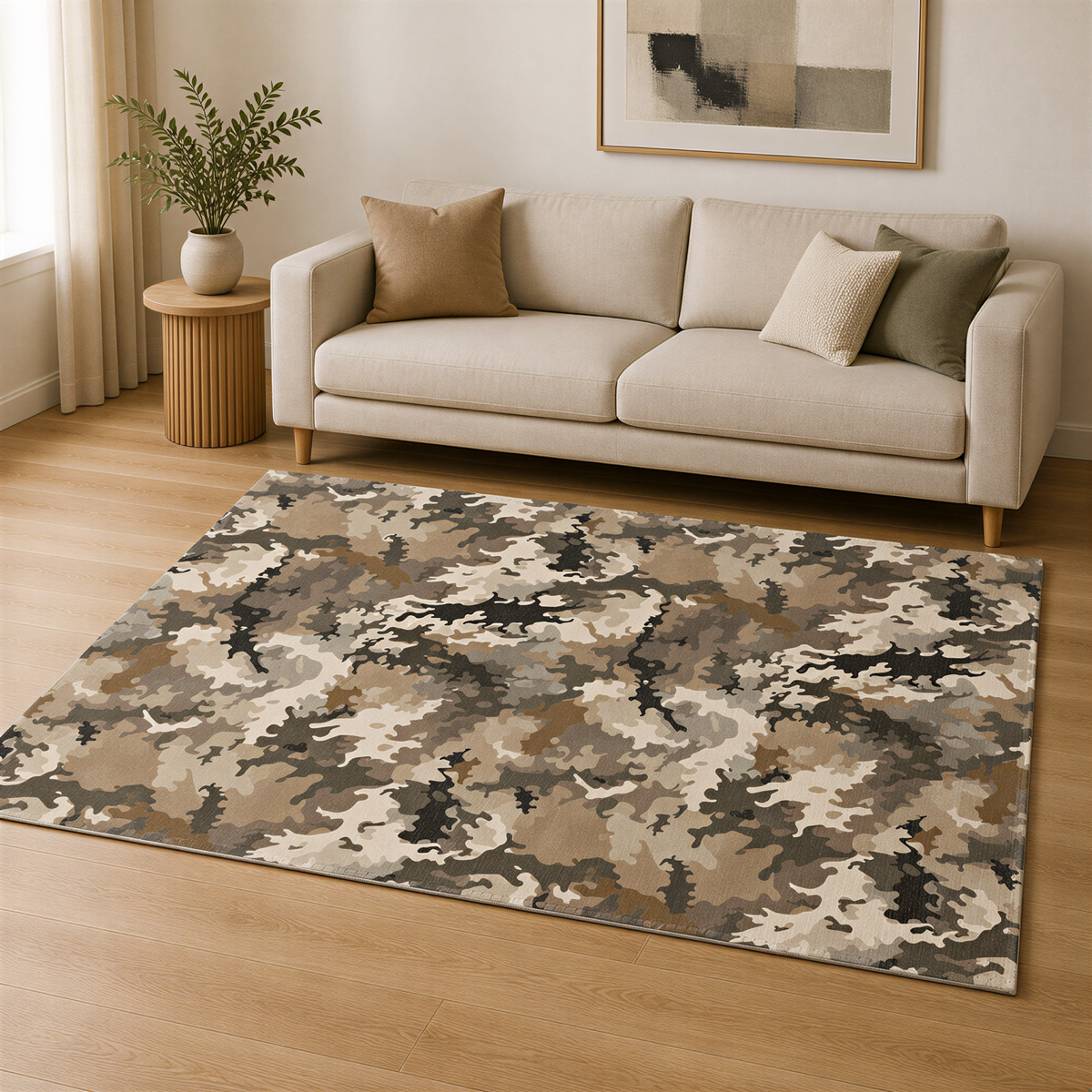 a living room with a beige sofa, a wooden side table, and a large rug with a camouflage pattern. There is also a potted plant and a painting on the wall.