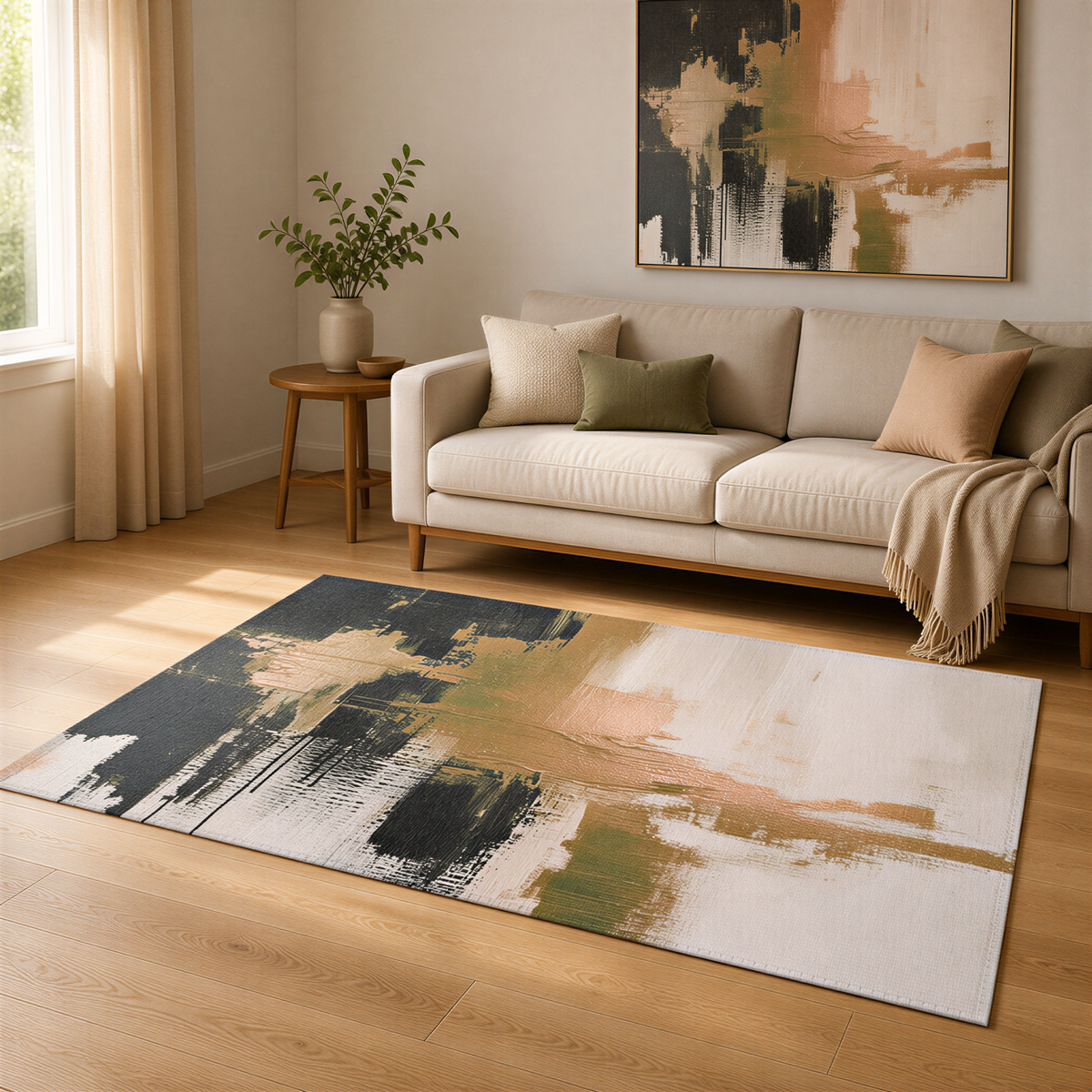 a cozy living room with a beige sofa, a large abstract rug, and a wooden side table with a plant. The room has a warm and inviting atmosphere, with natural light coming in from a window and a painting on the wall.