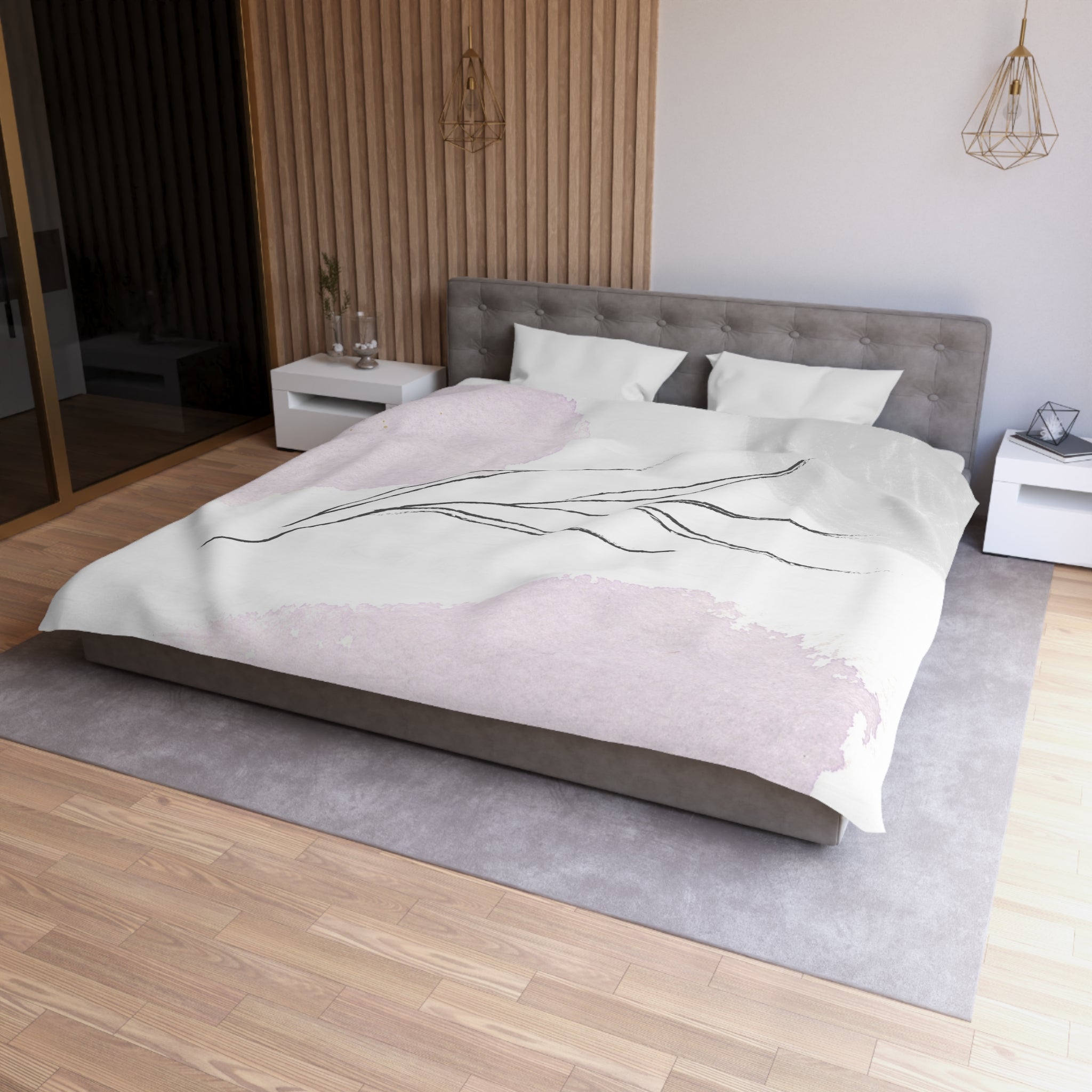 a modern bedroom with a large bed, a gray headboard, and a wooden wall. The bed has a white and pink abstract design on the comforter, and there are two white nightstands on either side of the bed. The room has a wooden floor and a gray area rug, creating a cozy and stylish atmosphere.