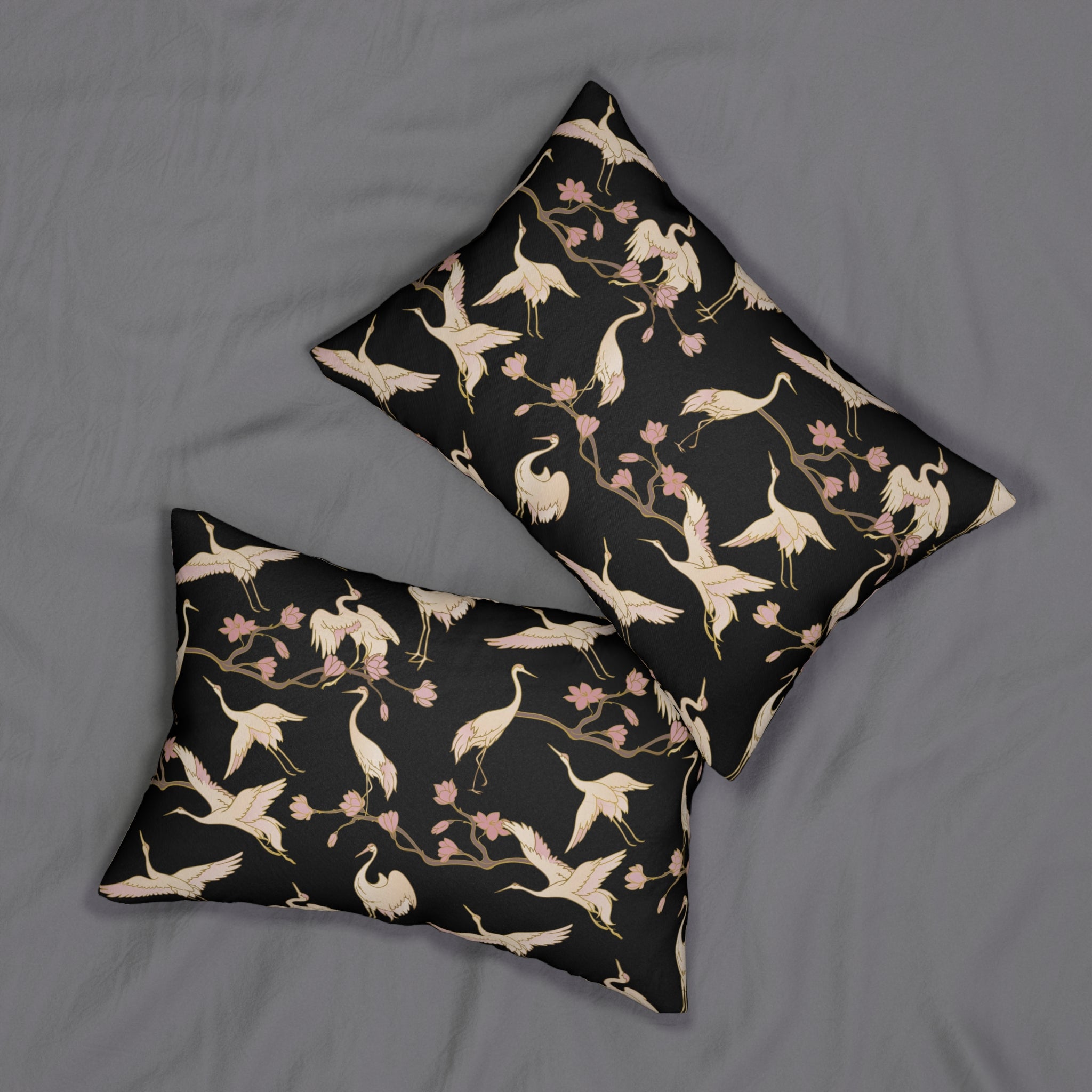 Stork Lumbar Pillow | Black Beige Japanese Crane Birds