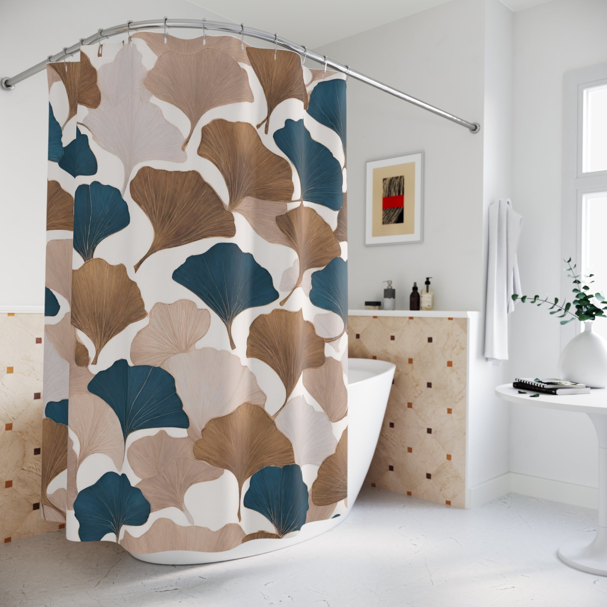 Ginko Floral Shower Curtain | Beige Navy Blue Bathroom