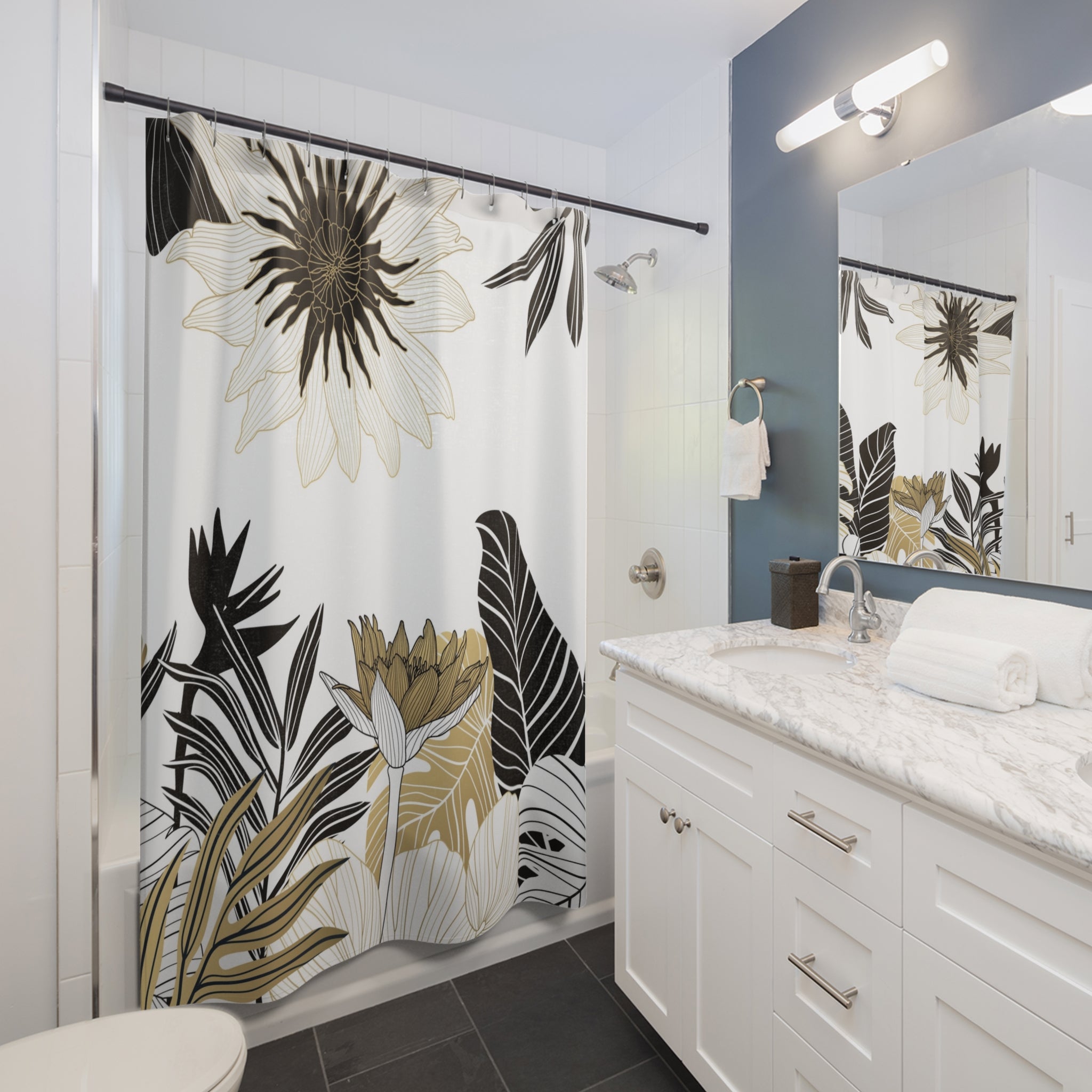 Abstract Floral Shower Curtain | White Black, Beige Jungle Leaves