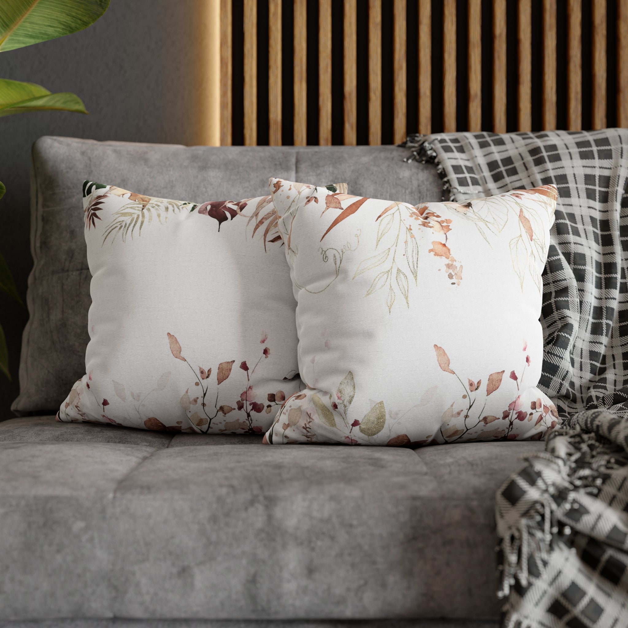 Floral Pillow Cover | White Beige Monstera Leaves