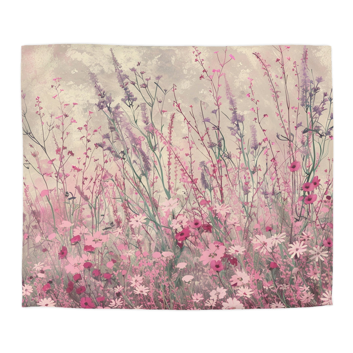 a field of tall grass with various pink and white flowers blooming throughout the scene.