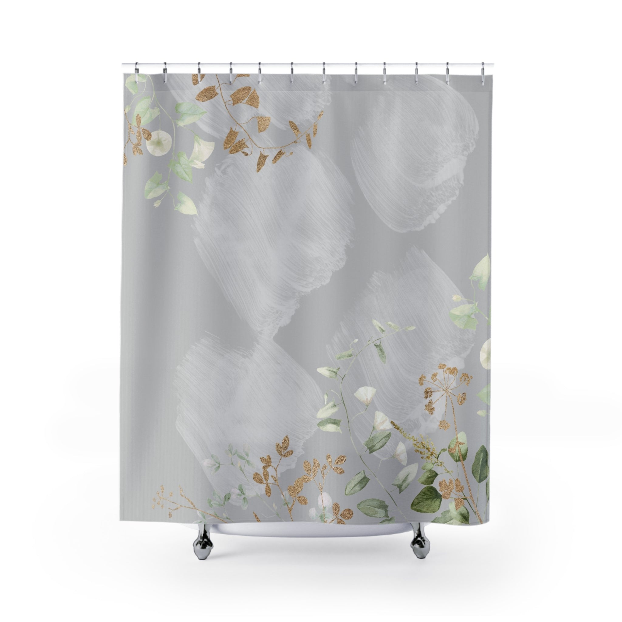 Grey Floral Shower Curtain | Sage Green Leaves