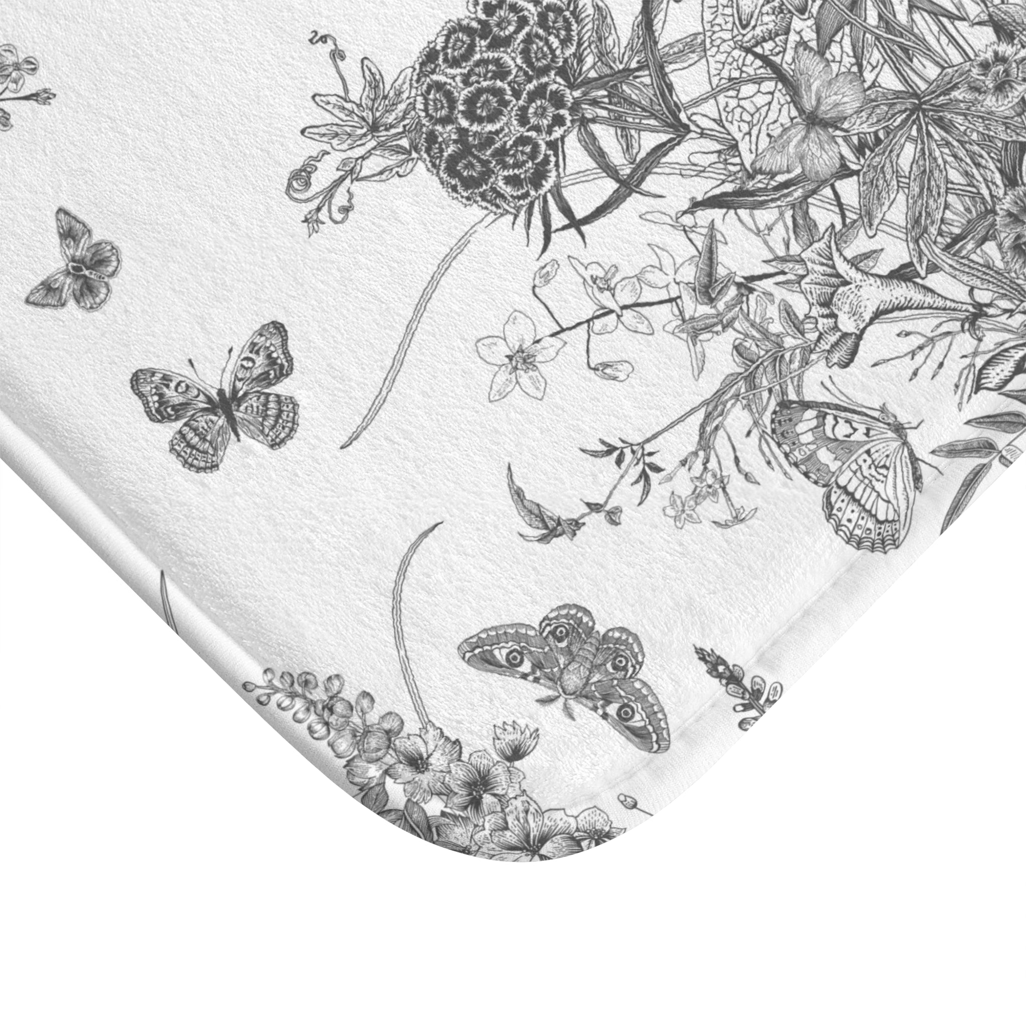 Vintage Bath Mat | Grey White, Butterflies Floral Kitchen Mat