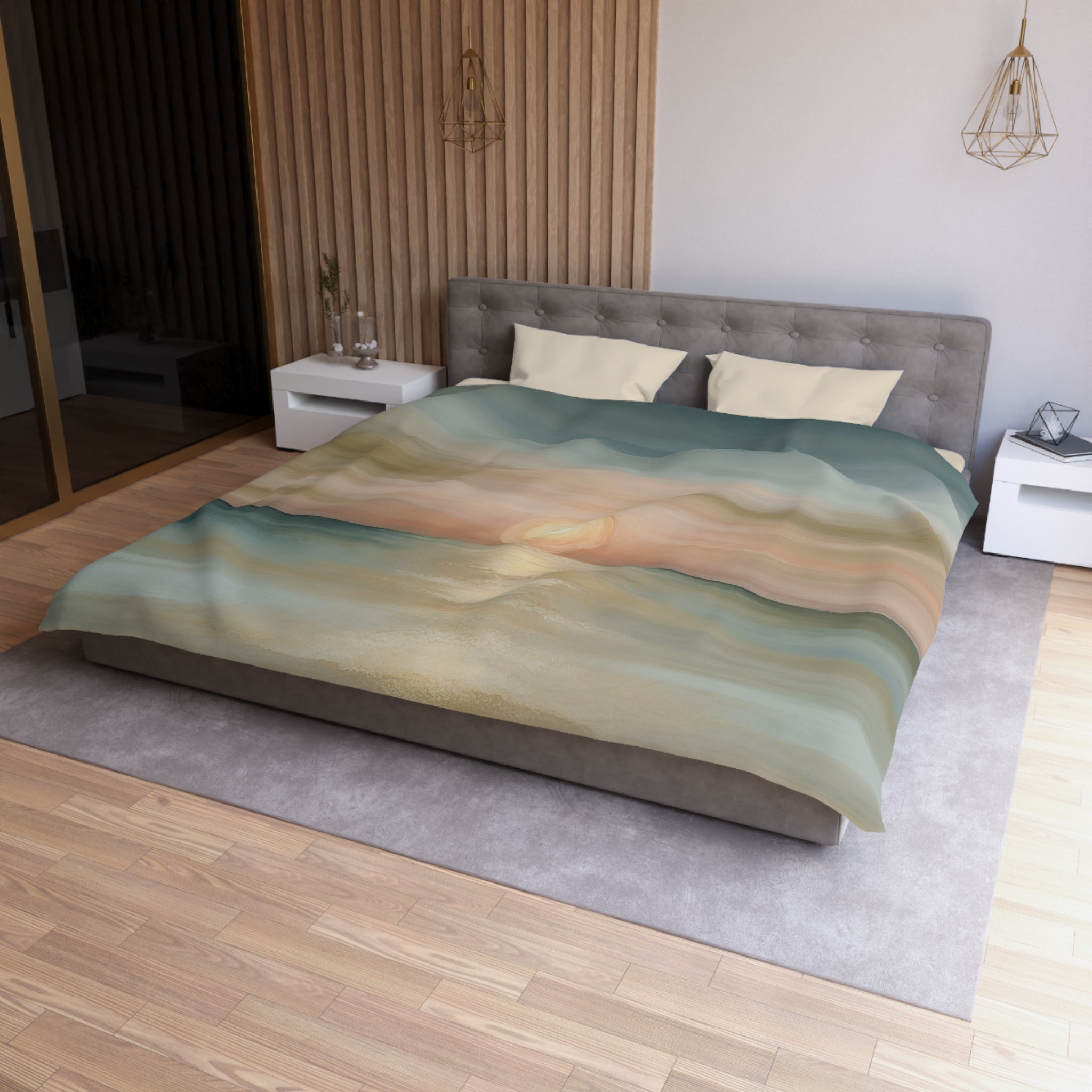 Abstract Sunset Duvet Pillow Cover Set | Beige Sun, Teal Green Blue, Blush Pink