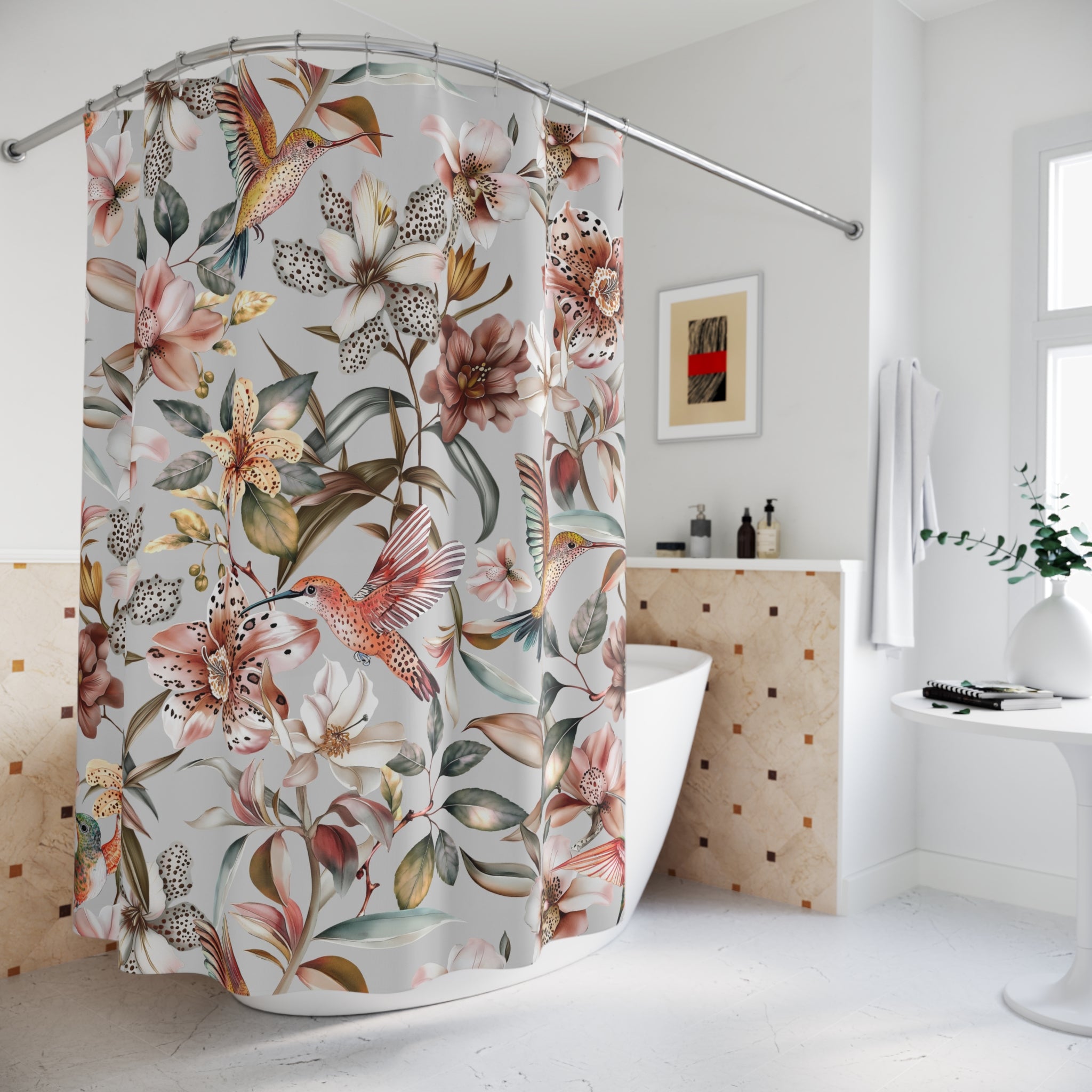 Boho Shower Curtain | Tropical Colorful Florals, Birds Nature