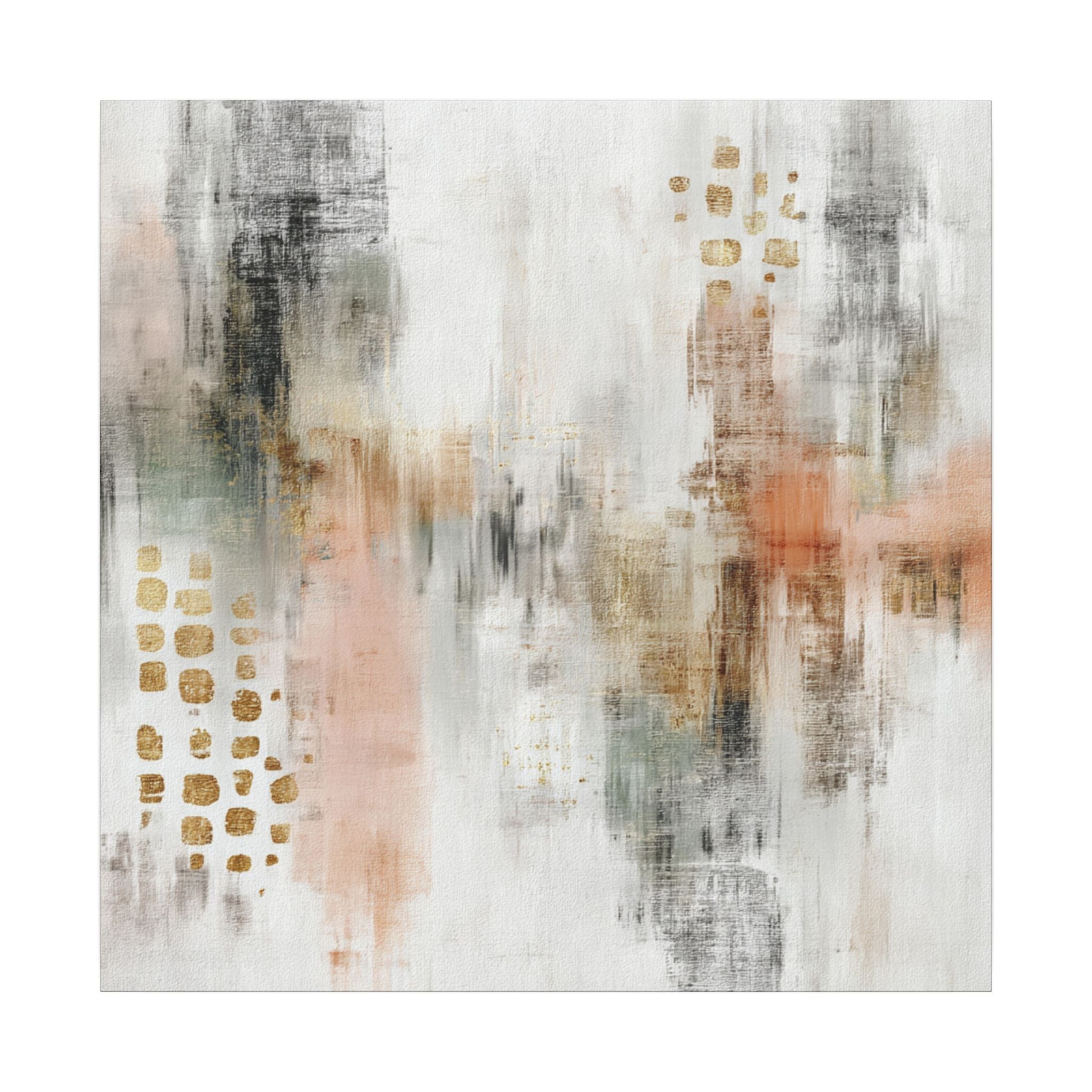 The image is an abstract painting with a mix of colors and textures, including shades of white, gray, orange, and pink. The painting has a textured appearance, with visible brushstrokes and layers of paint that create a sense of depth and dimension.