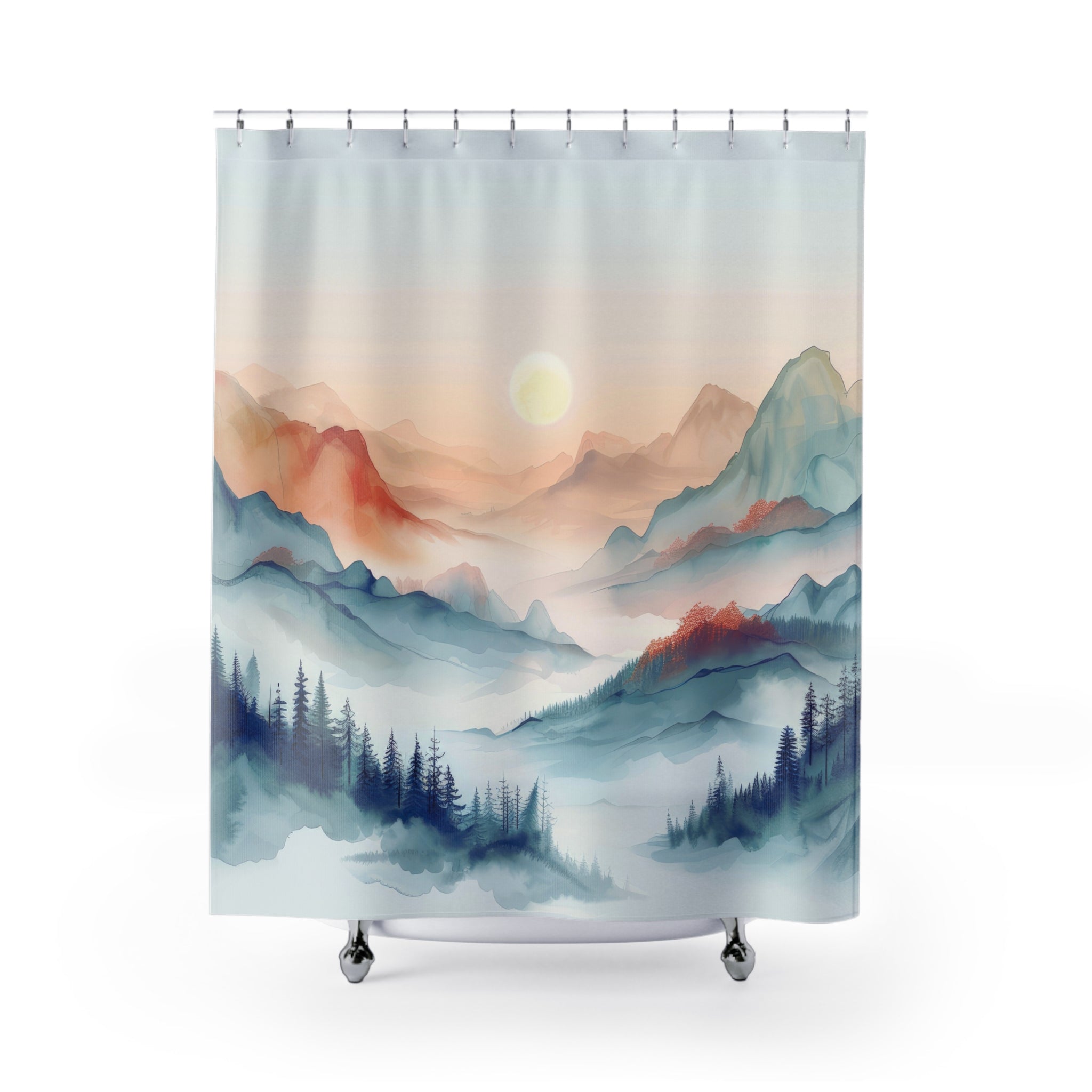 Nature Shower Curtain | Colorful Navy Blue, Rust Sunset