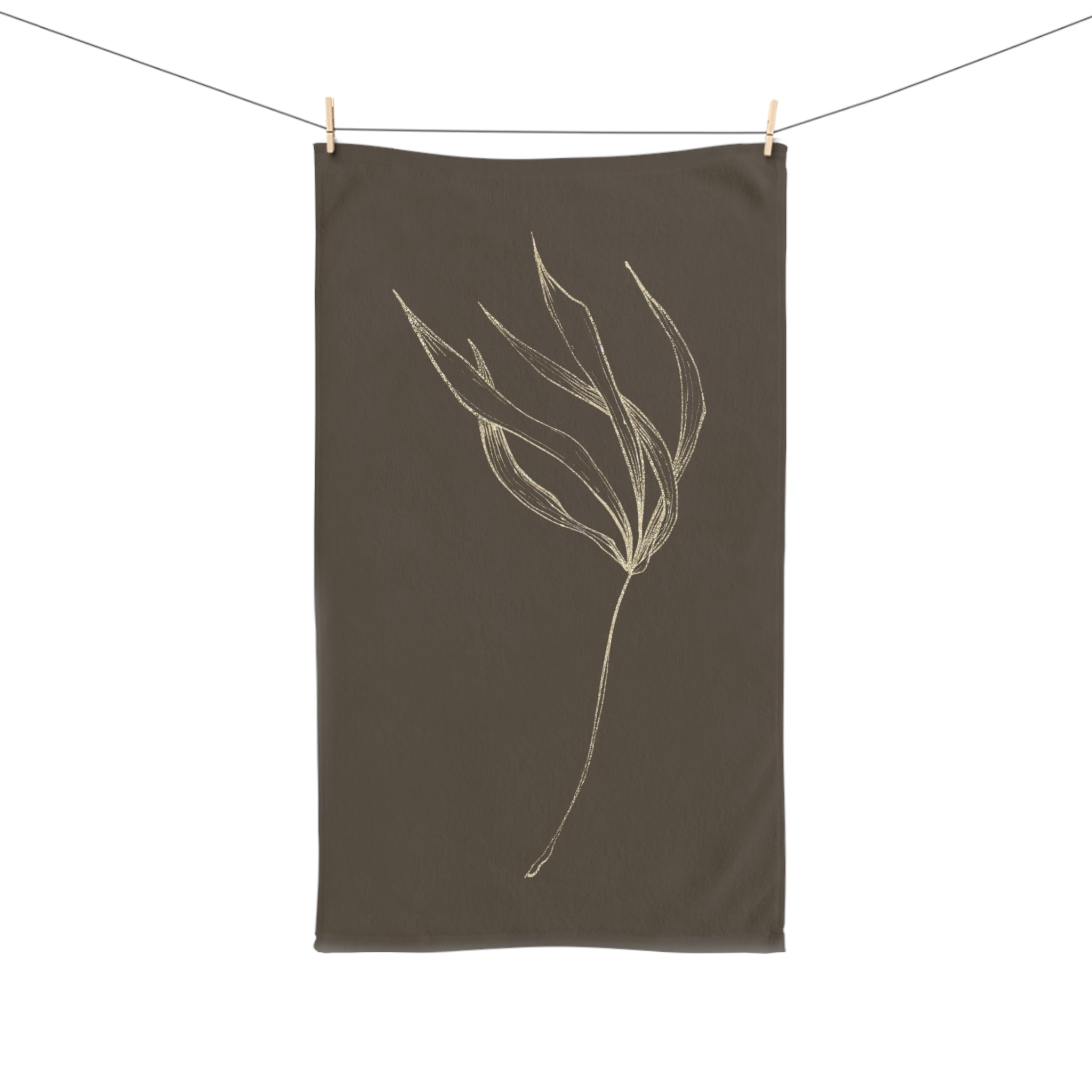 Floral Boho Kitchen, Bath Hand Towel | Dark Brown Beige Gold Leaf