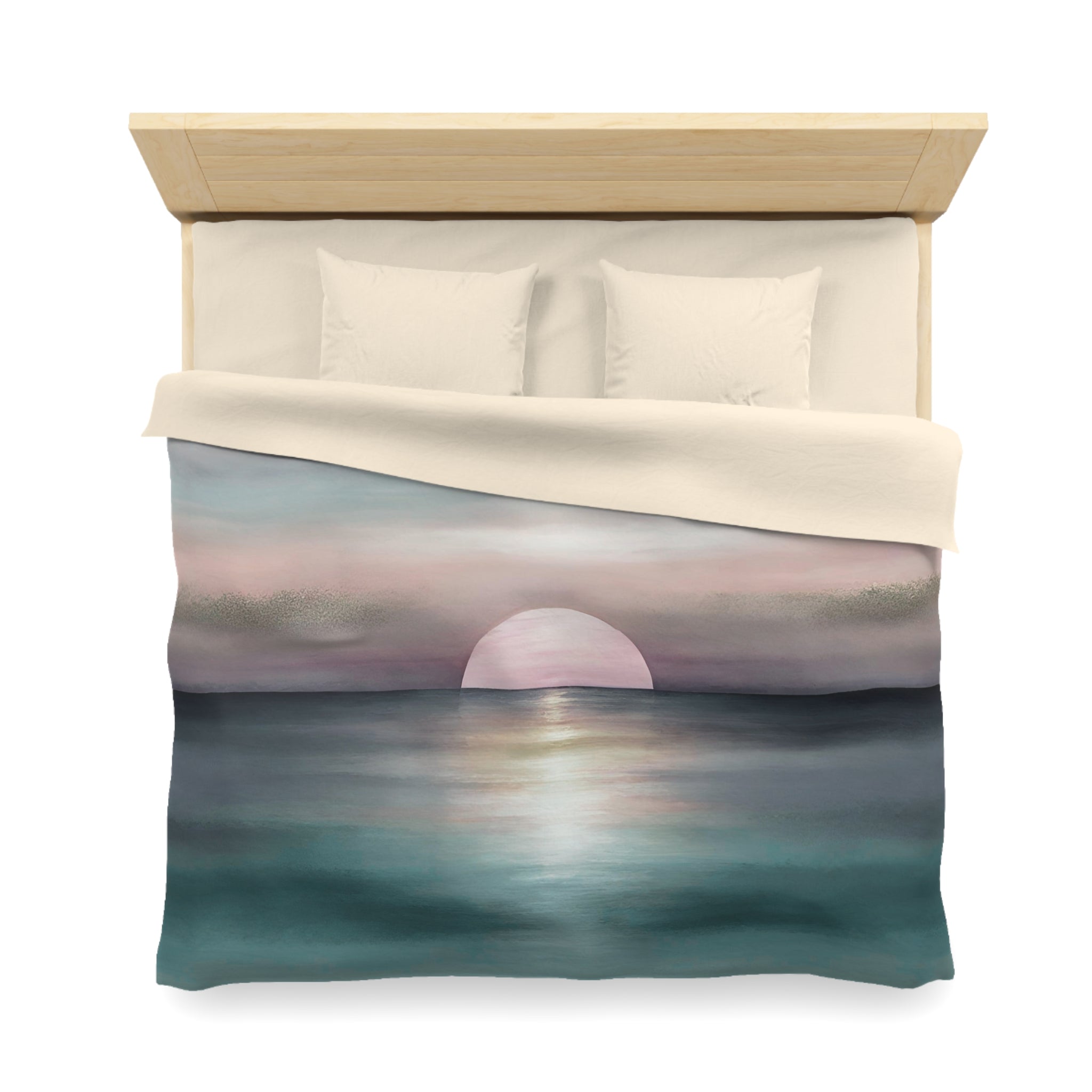 Abstract Ocean Duvet Pillow Cover Set | Teal Green Blue, Pink Sun