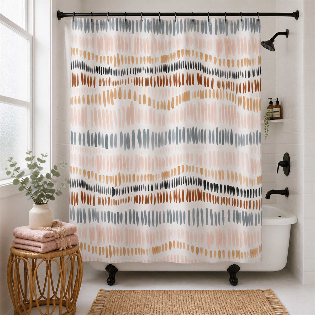 a bathroom with a shower curtain featuring a colorful abstract pattern in shades of pink, orange, and gray. The shower is located next to a white bathtub, and there is a small table with a plant and a towel on it. The bathroom has a wooden floor and white walls, creating a clean and modern aesthetic.
