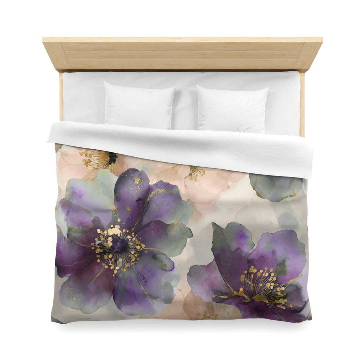 a bed with a floral print duvet cover featuring purple and green flowers. The duvet cover is spread out on the bed, and there are two white pillows on the bed.