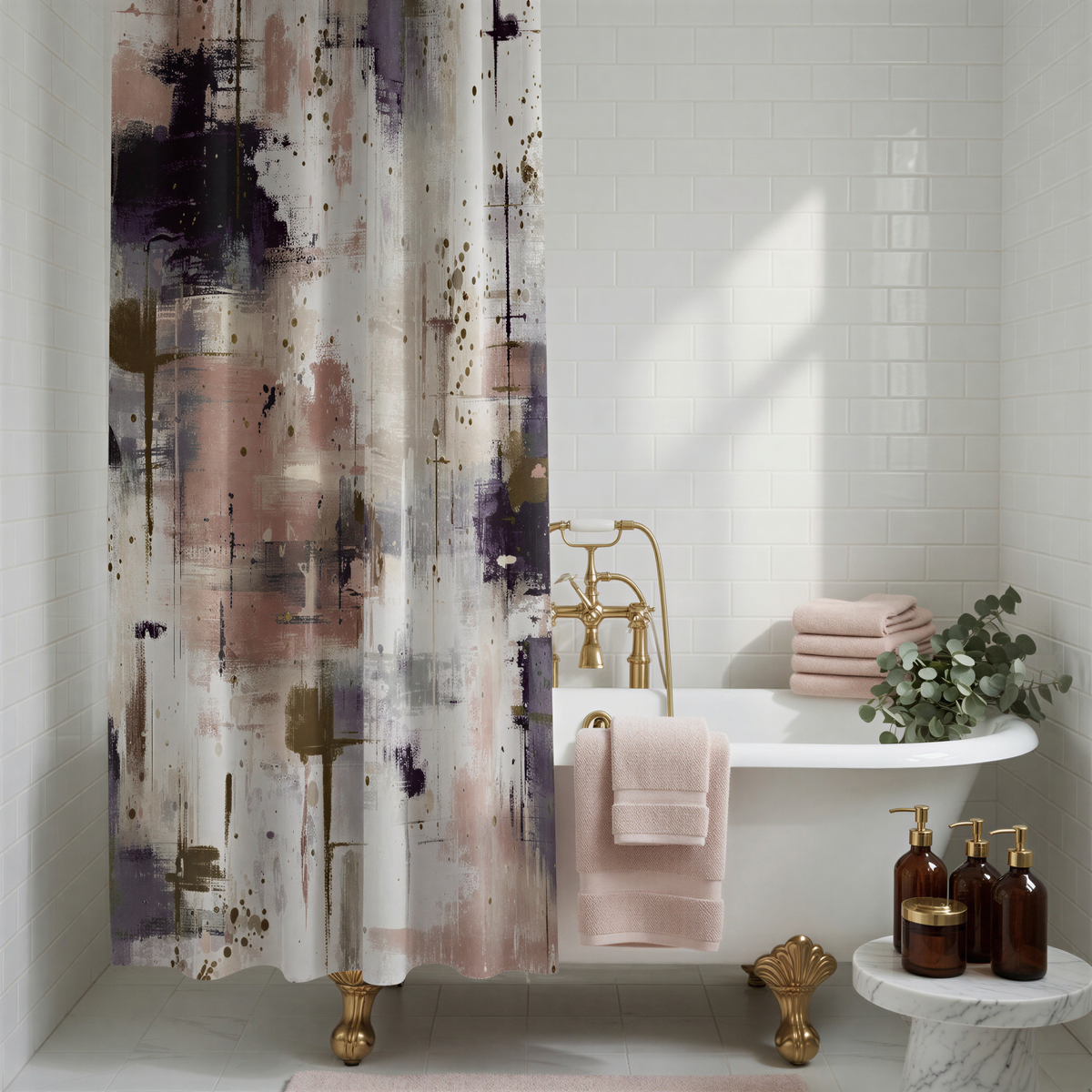 a bathroom with a white bathtub, a shower curtain with a colorful abstract design, and various toiletries and decor items.