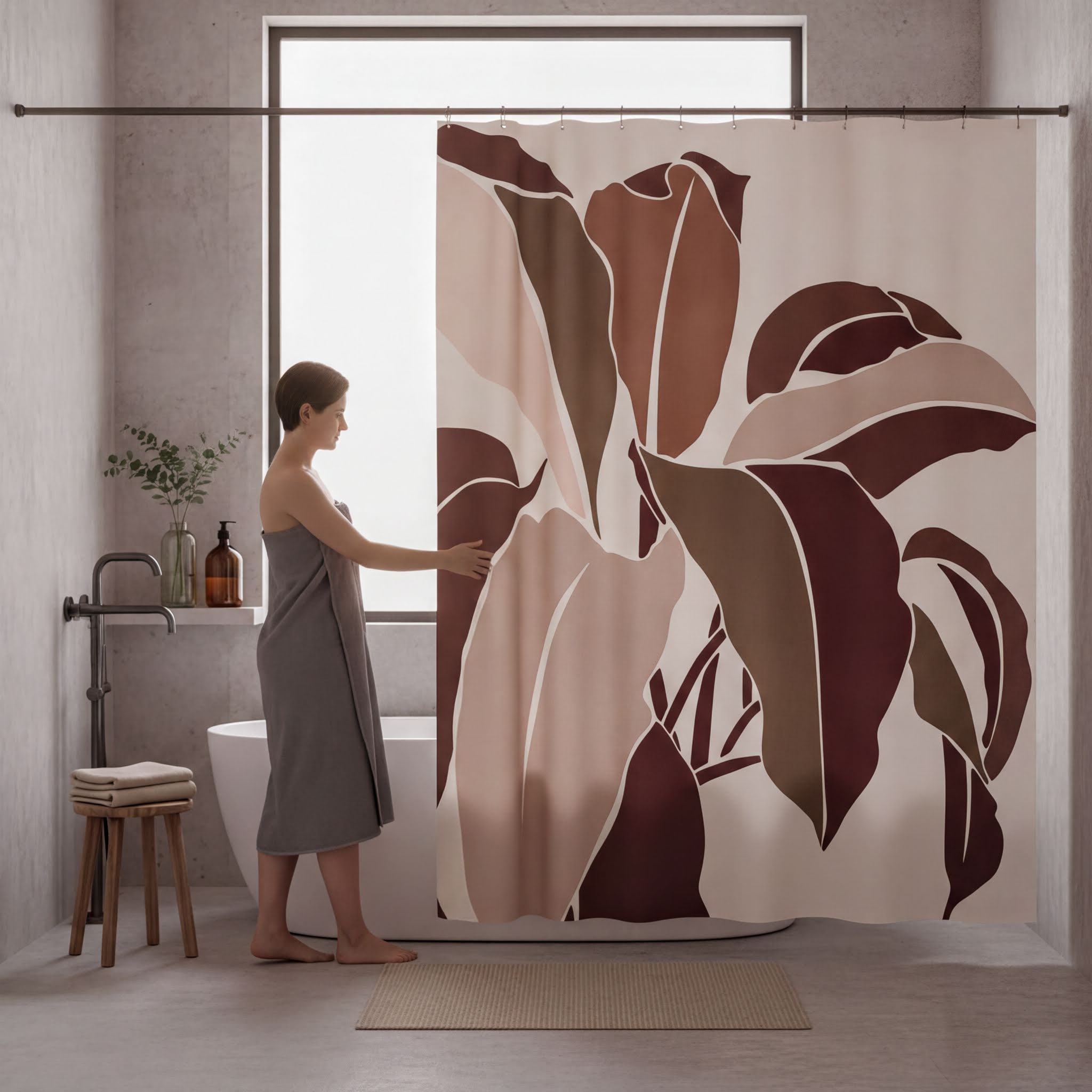 A woman in a bathrobe stands in a bathroom, reaching out to touch a large shower curtain with a plant design.