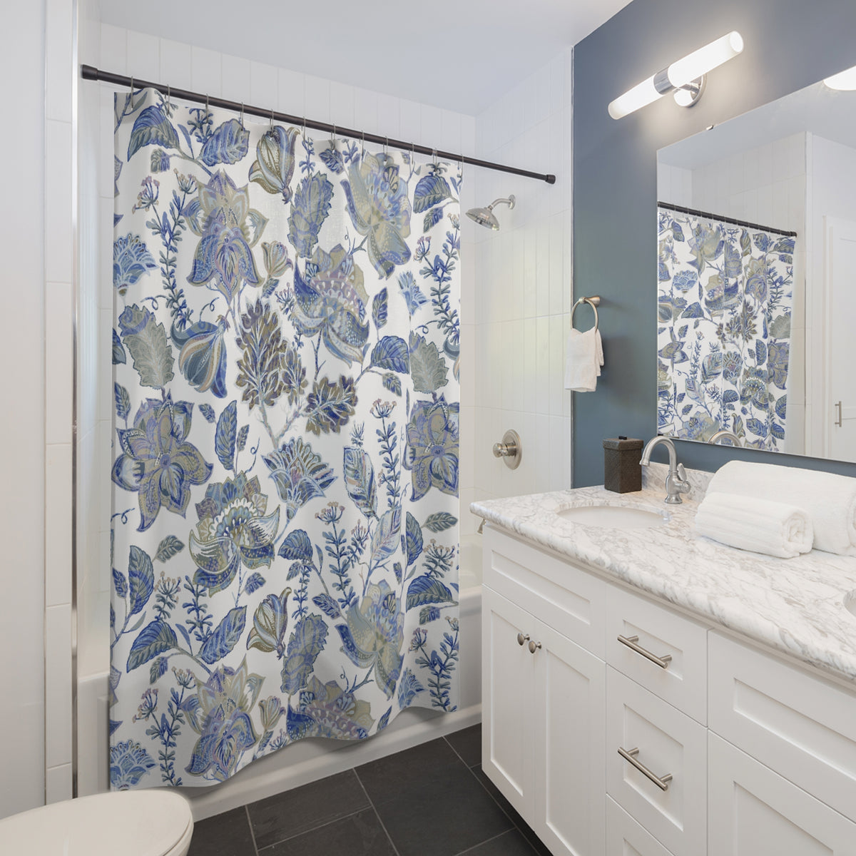 Blue Beige Jacobean Floral Shower Curtain, Bath Curtain 71x74