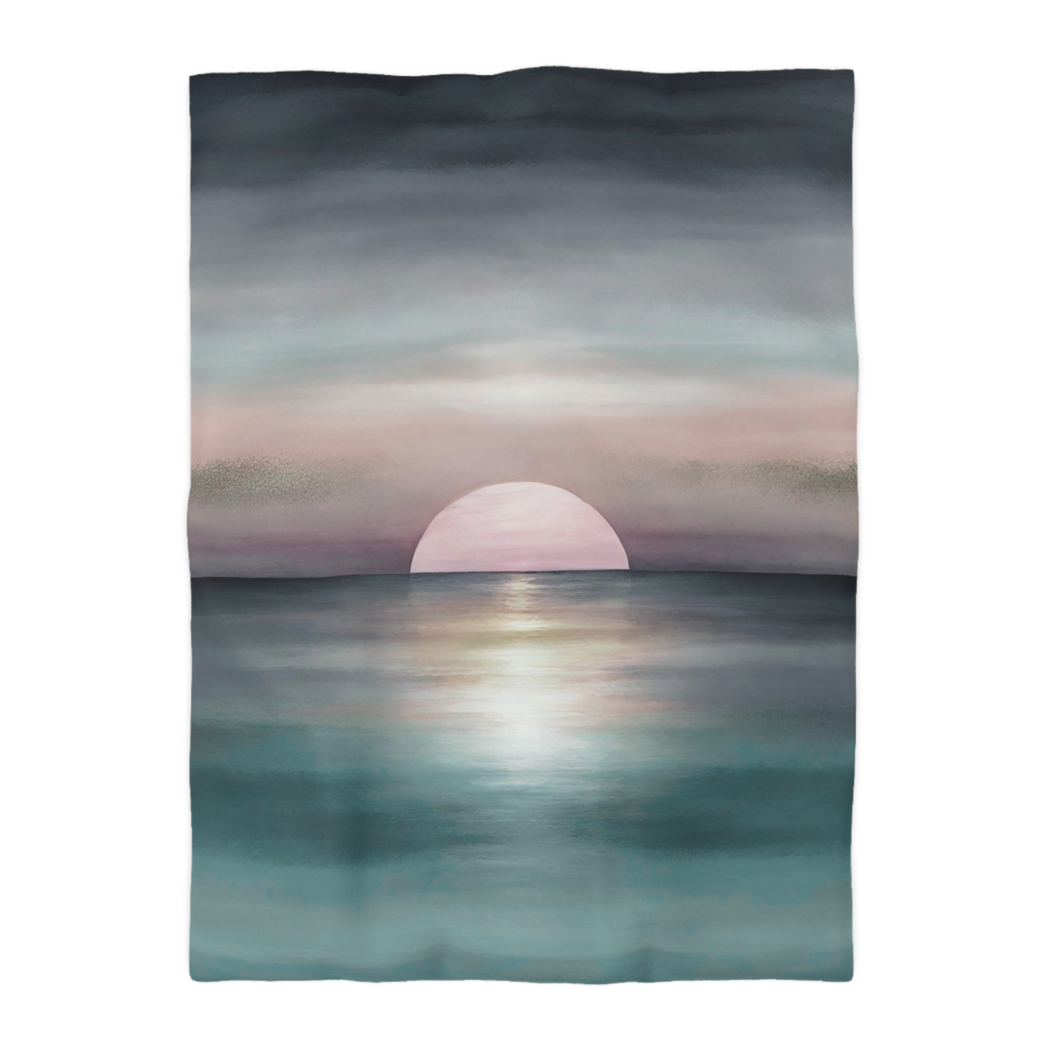 Abstract Ocean Duvet Pillow Cover Set | Teal Green Blue, Pink Sun