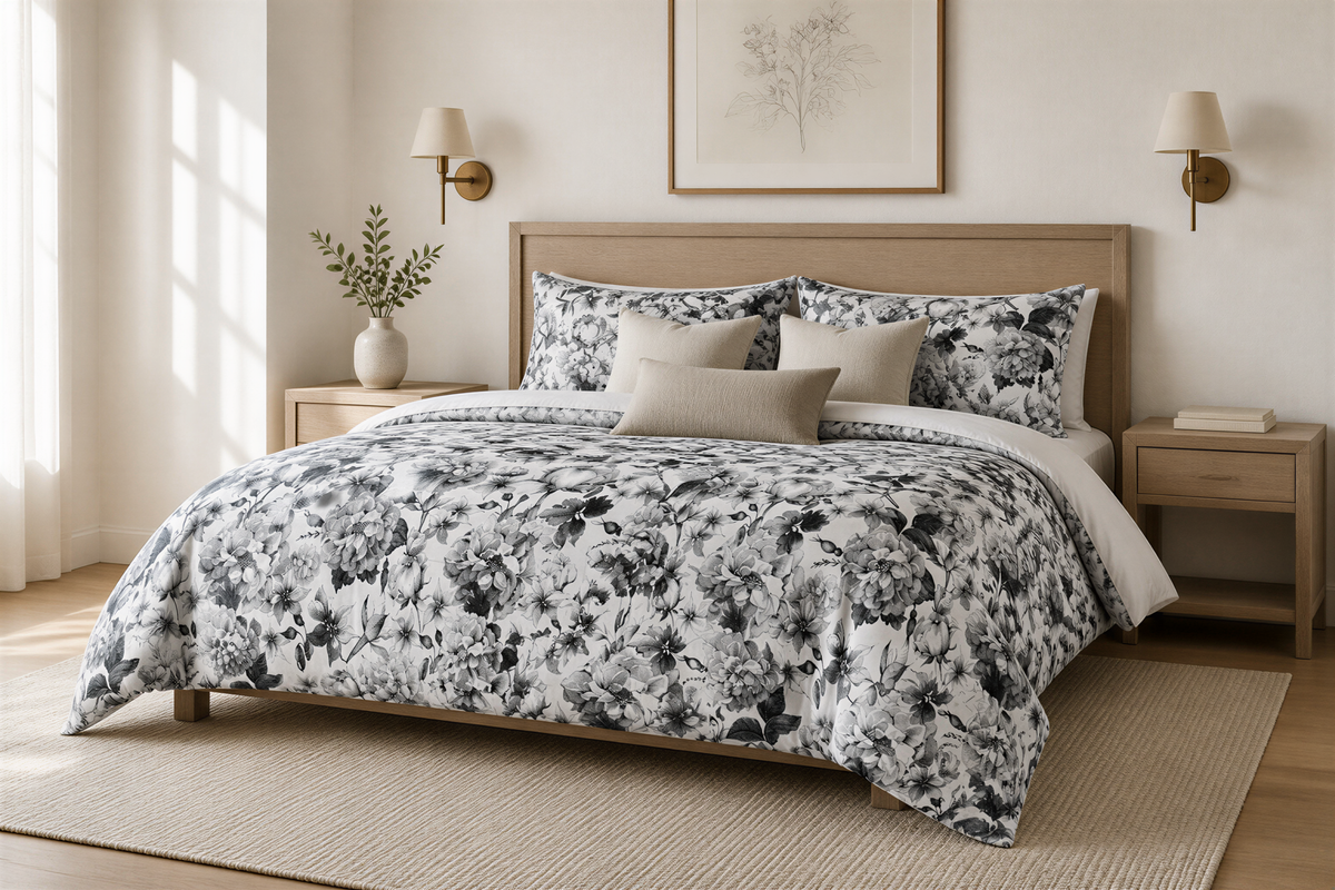 a bedroom with a large bed, a wooden headboard, and a floral bedspread. The bed is adorned with matching pillows and a white vase with greenery on the nightstand. The room has a neutral color scheme with white walls and a beige carpet.