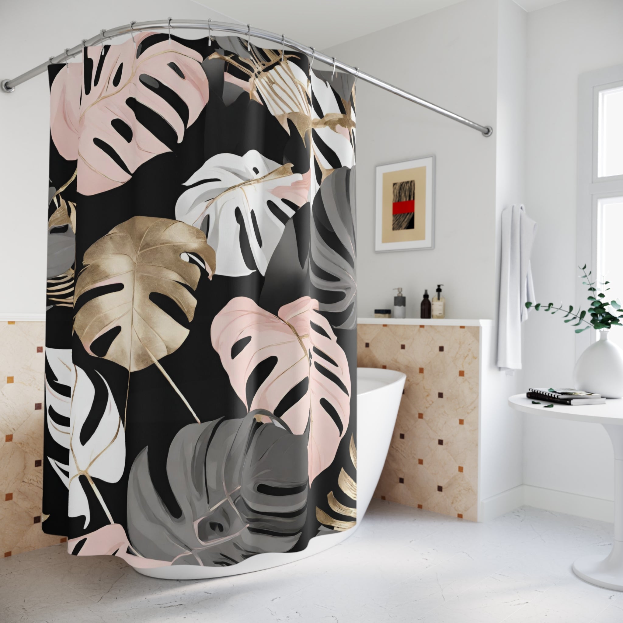 Black Floral Shower Curtain | Blush Pink White Leaves Bathroom