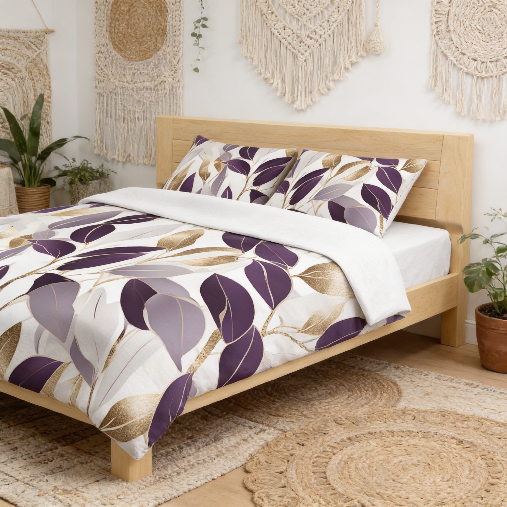 a bedroom with a bed adorned with a purple and gold leaf-patterned comforter and pillows. The bed is set against a white wall, with a woven rug on the floor and several potted plants placed around the room.