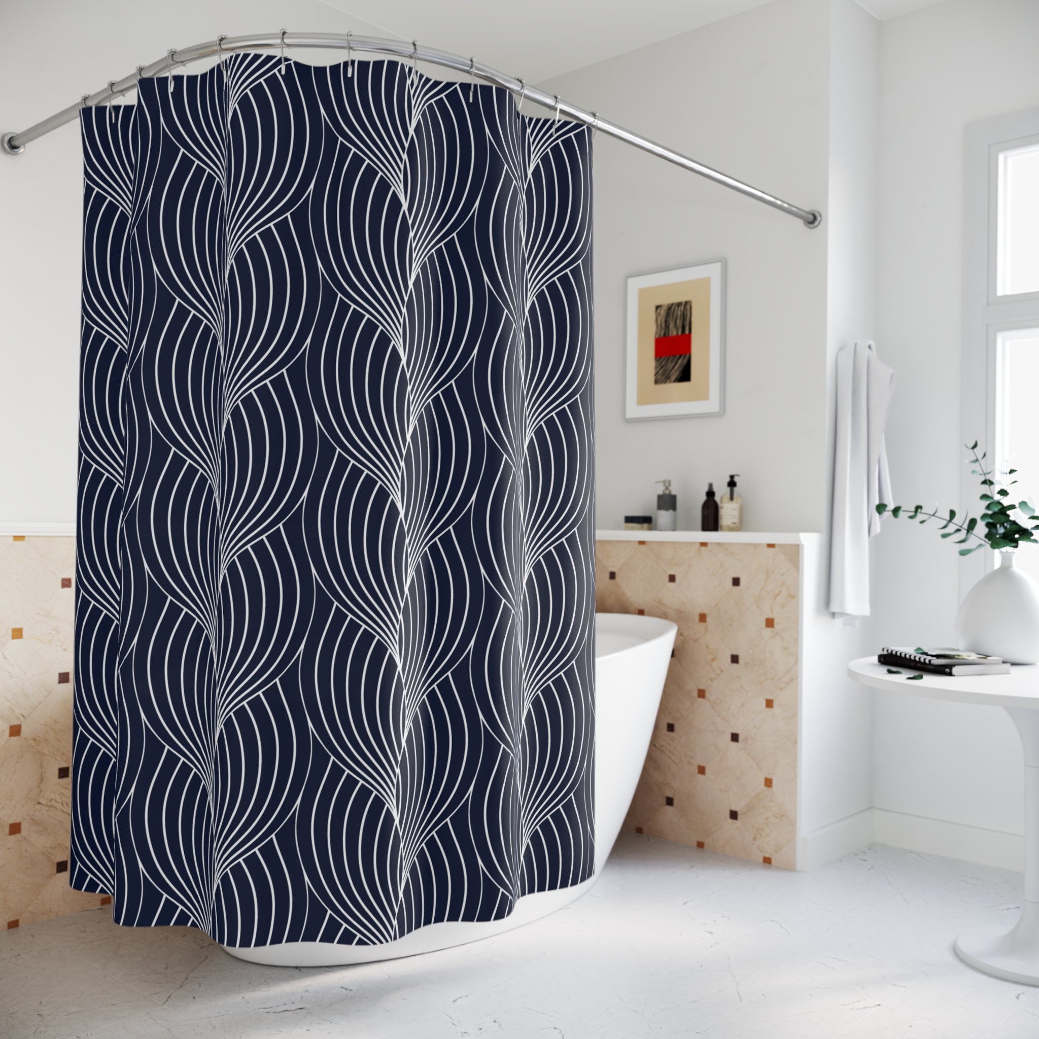 Art Deco Shower Curtain | Navy Blue, White Bathroom Decor