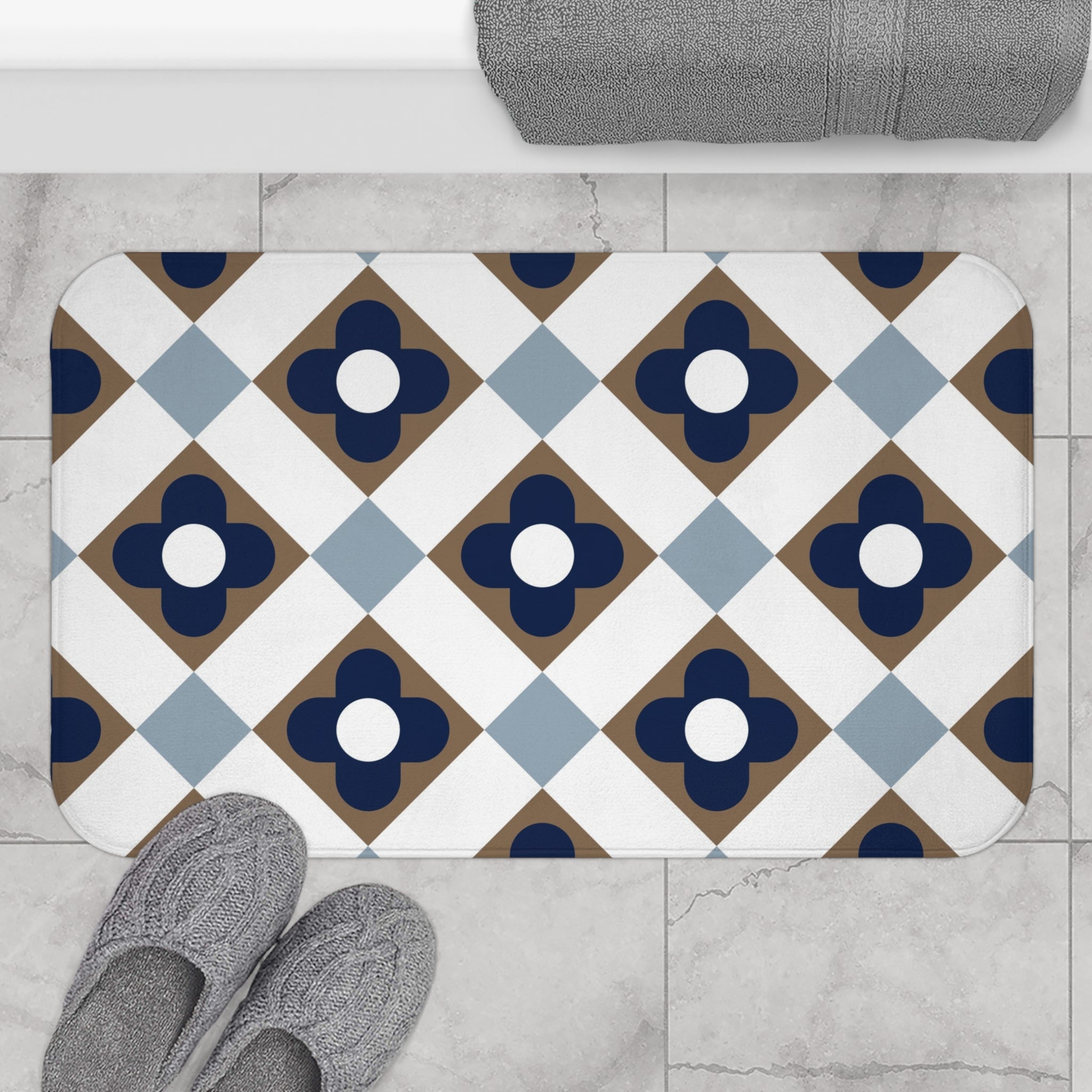 Retro Bath, Kitchen Mat | Vintage Art Deco, Nouveau Blue, Beige White