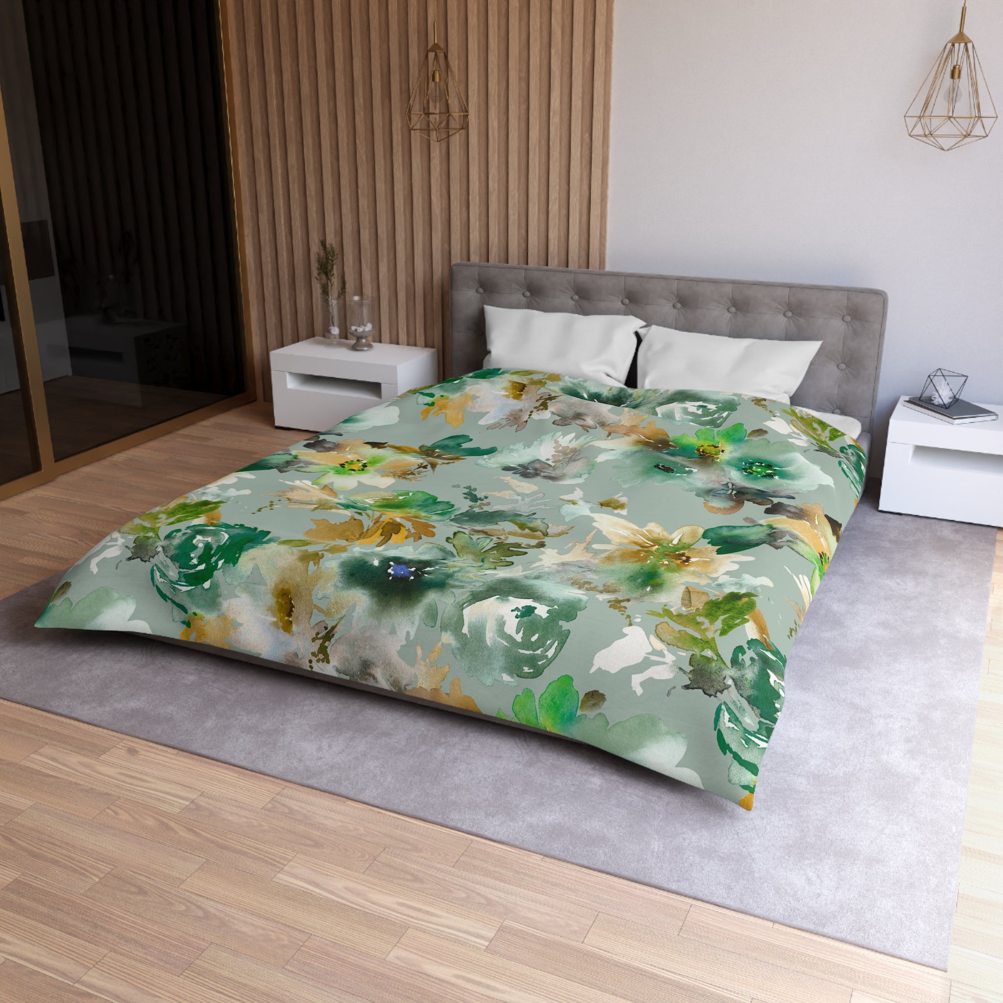Floral Duvet, Pillow Cover Set | Green Beige Watercolor Bedroom Set