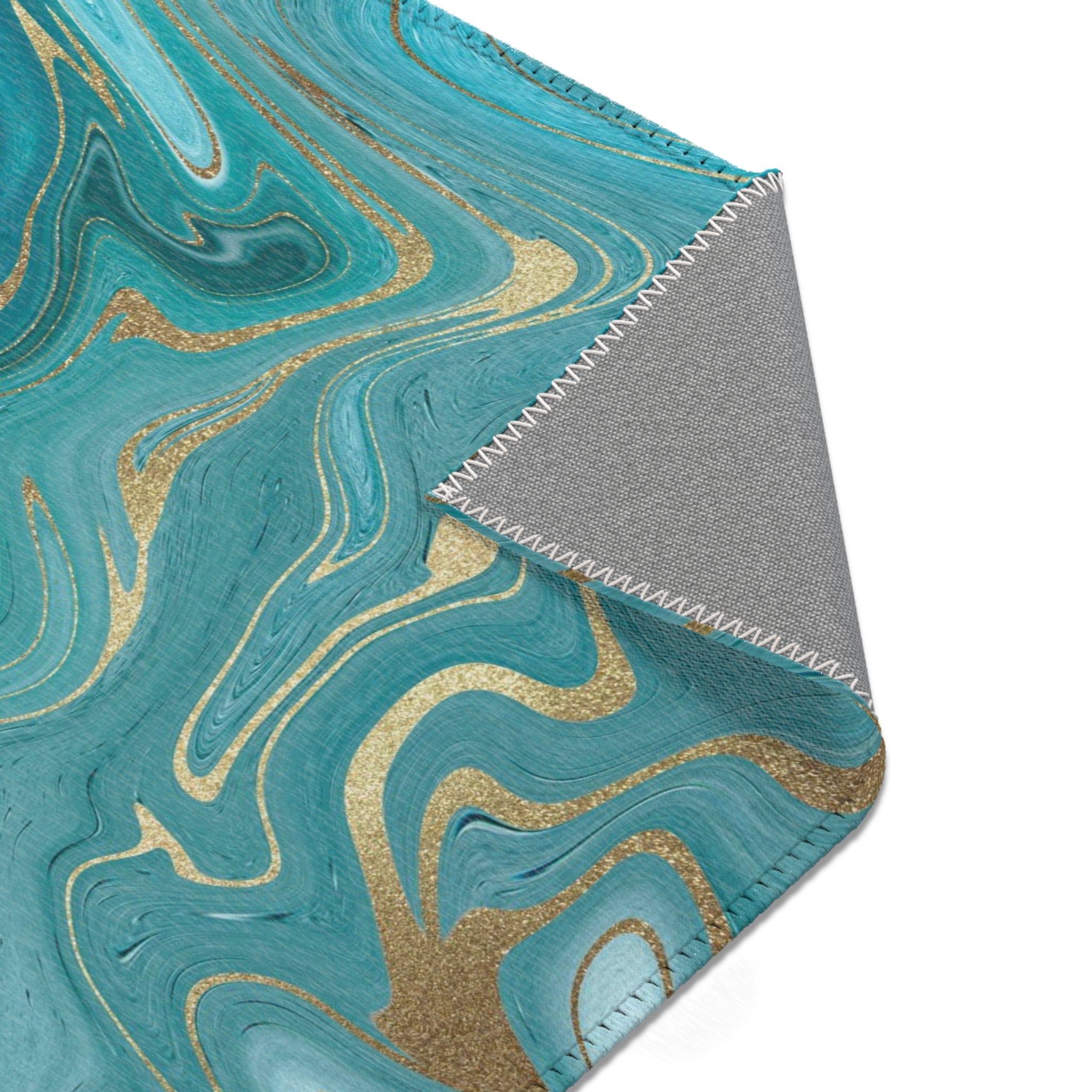 Abstract Large Area Rug | Teal Green Blue, Gold Beige Liquid Ink