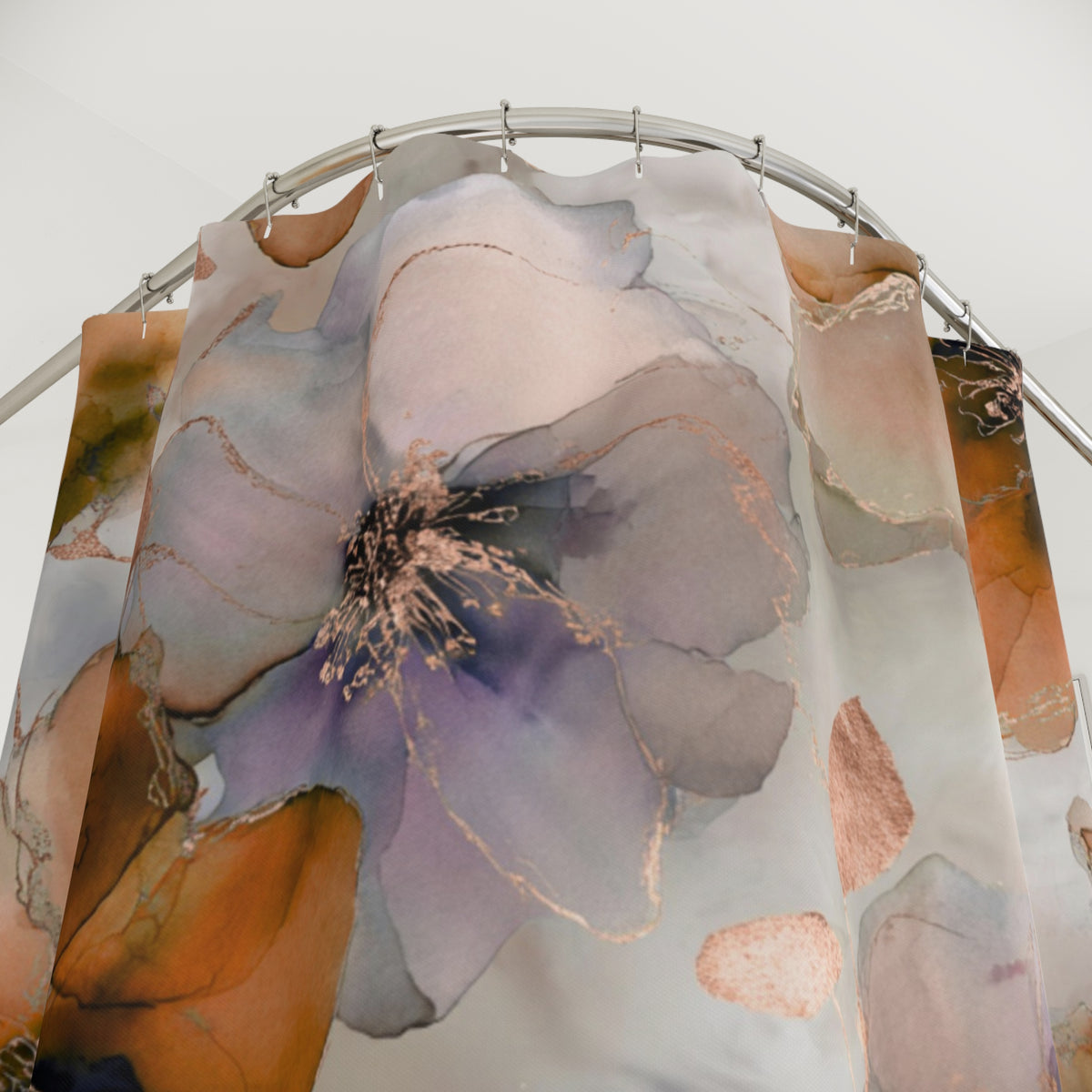Watercolor floral shower curtain with rust orange, blush and lavender blooms in a bathroom setting