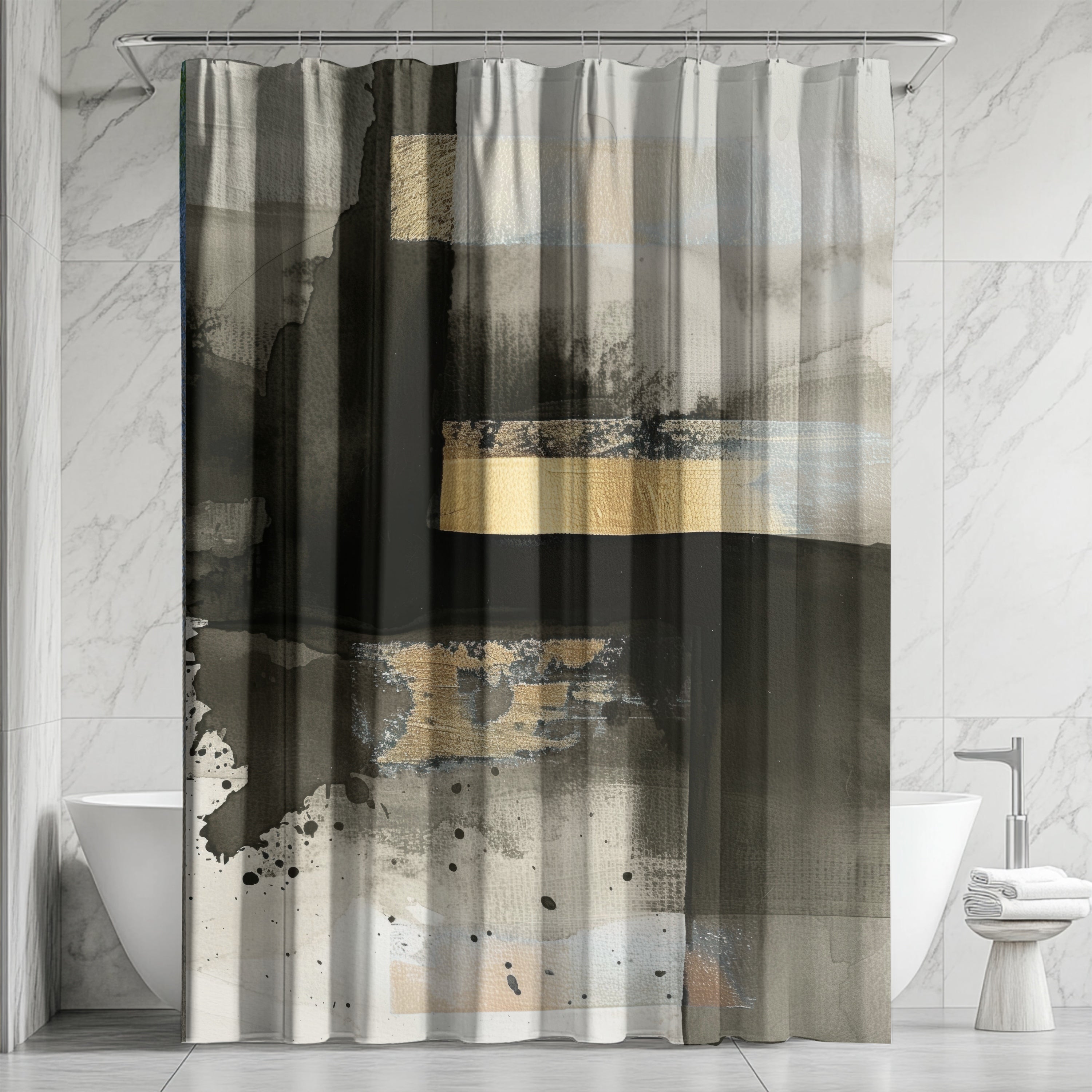 a modern bathroom with a shower curtain that has a black and white abstract design. The shower curtain is hanging from a rod, and there is a white bathtub visible in the background.