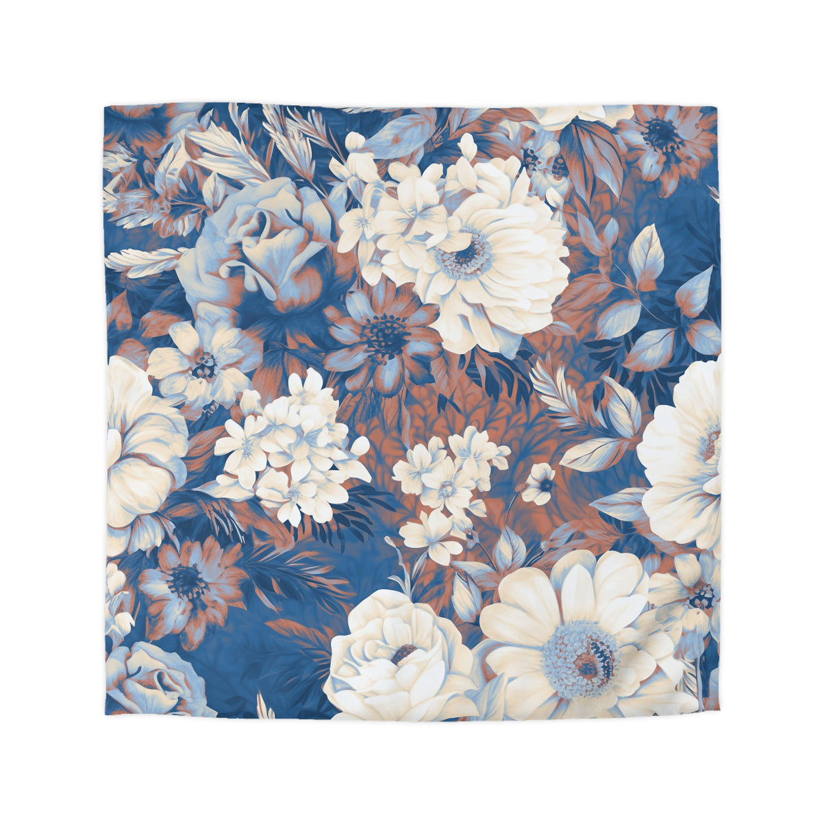 Cobalt Blue Vintage Floral Duvet Cover | Rust Cream Peony Rose Bedding