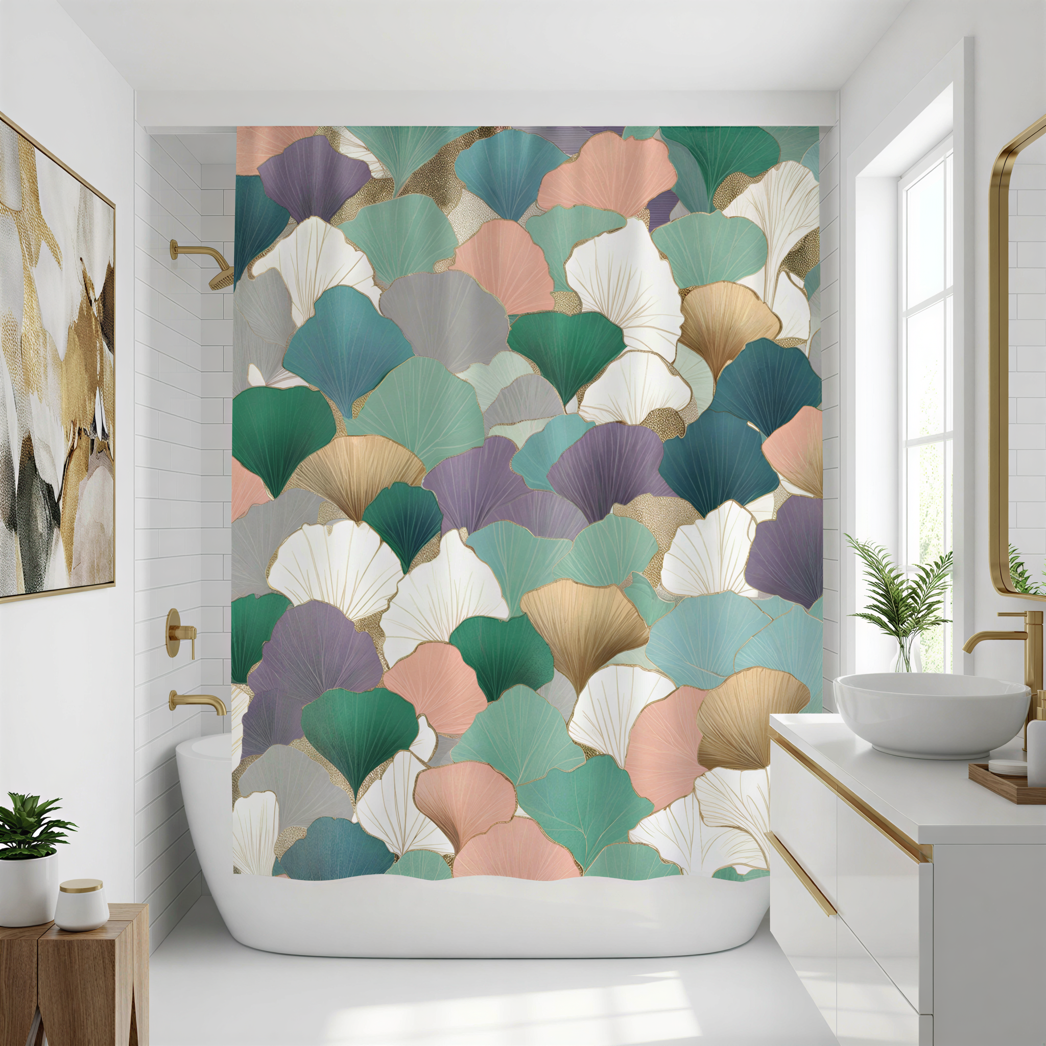 a bathroom with a shower curtain featuring a colorful, abstract floral pattern in various shades of green, pink, and white. The bathroom has a white bathtub, a sink, and a mirror, creating a modern and stylish design.