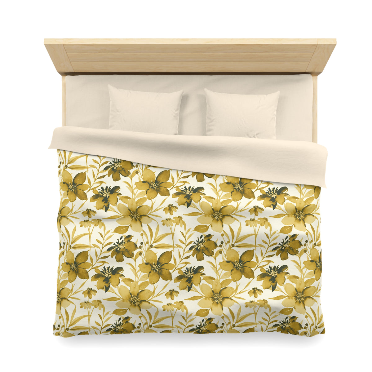 a neatly made bed with a floral print bedspread and two pillows.