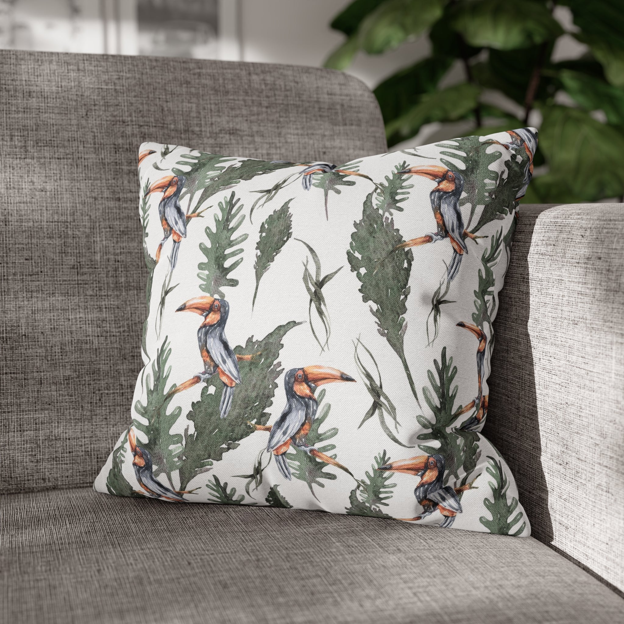 Tropical Tucan Floral Pillow Cover | White Sage Green Jungle Leaves