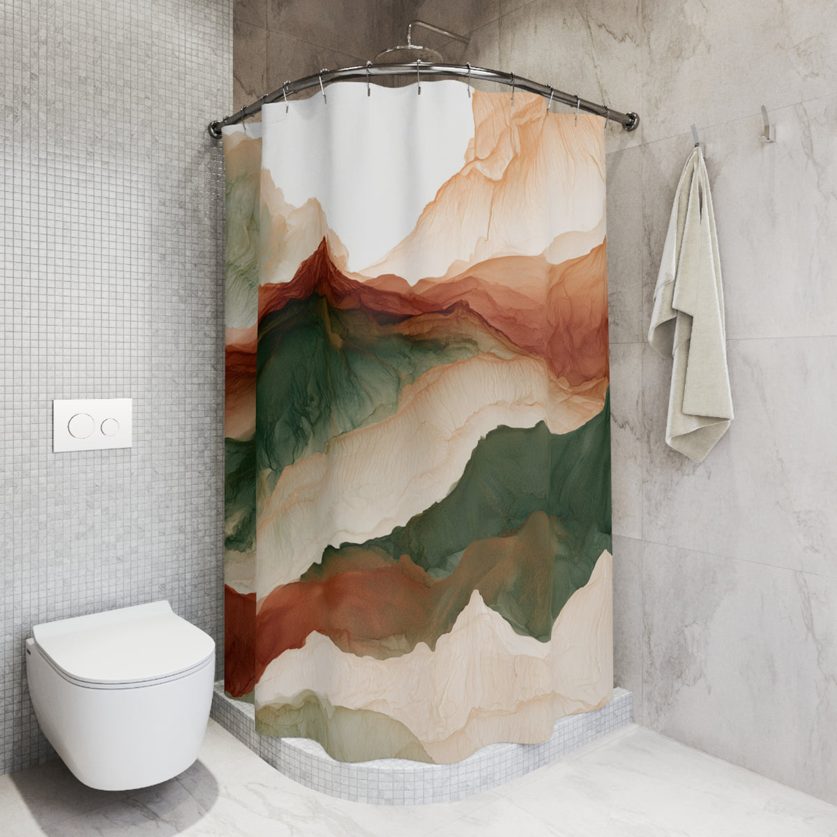 a bathroom with a shower curtain that has a colorful mountain landscape design. The shower curtain is hanging from a rod above the toilet.