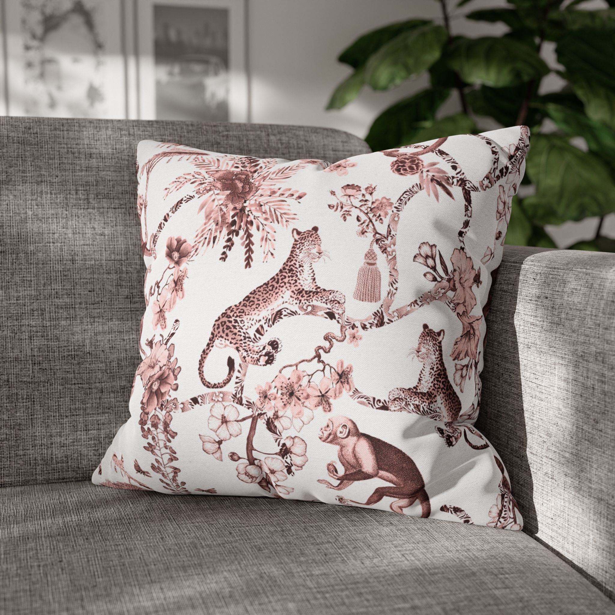 Jungle Pillow Cover | Chinoiserie Blush Pink Brown White Pillowcase