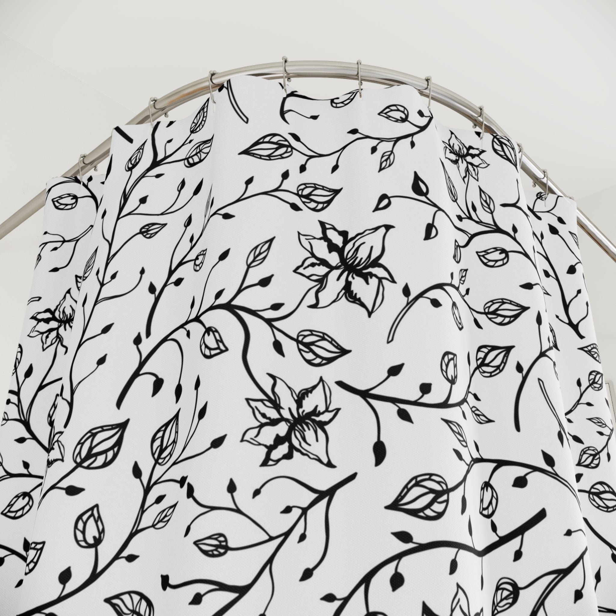 Boho Shower Curtain | White Black, Line Art Floral