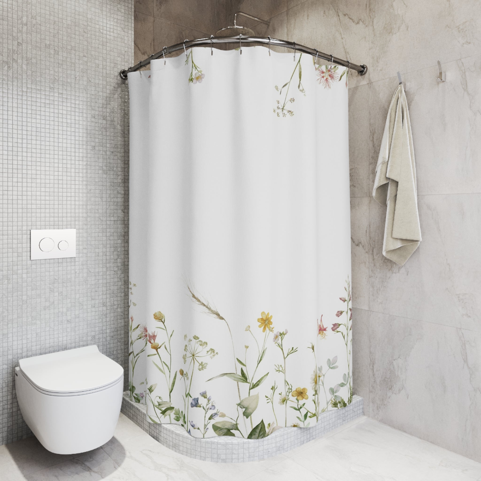 White Shower Curtain | Floral, Sage Green Leaves