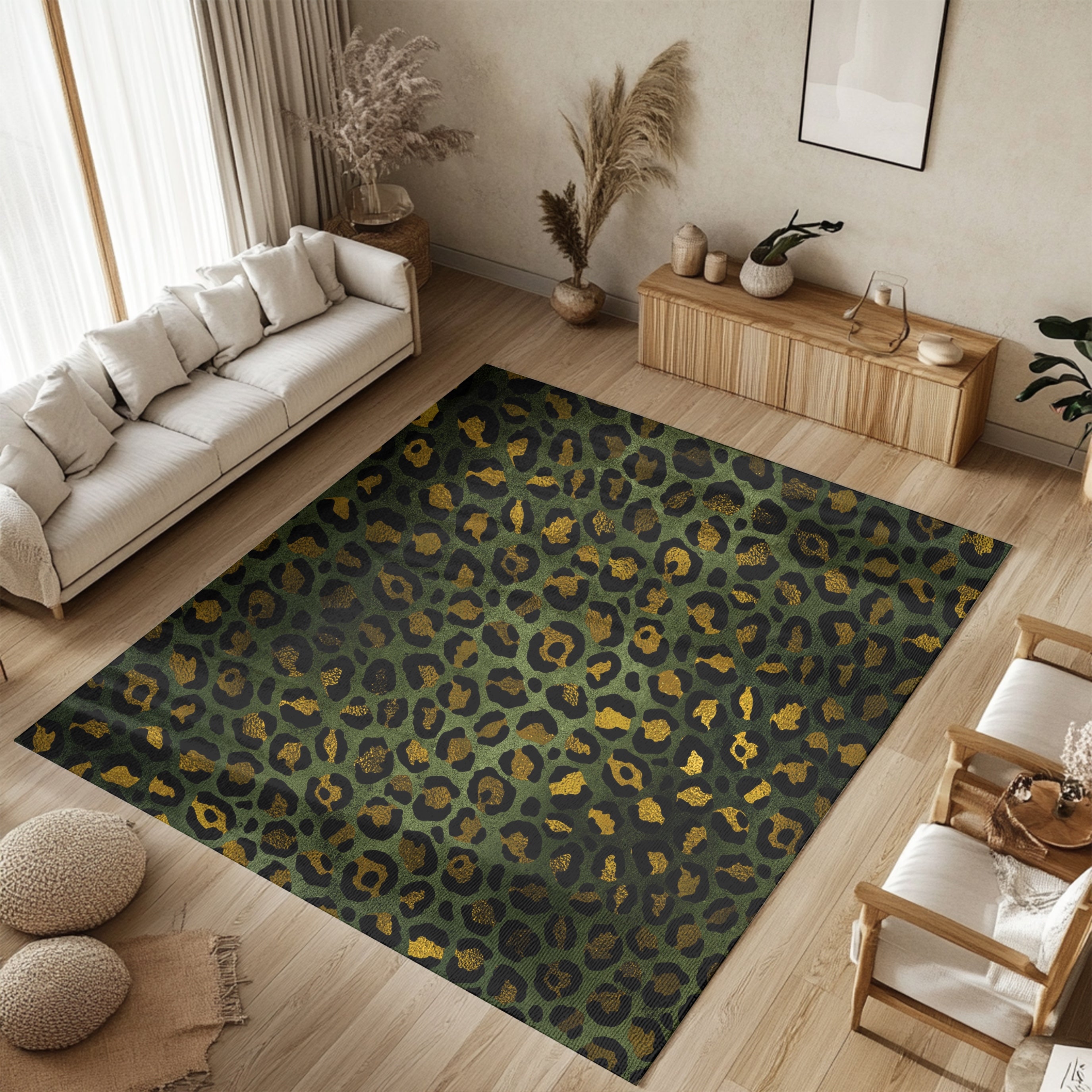 Boho Area Rug | Green Brown Gold Leopard