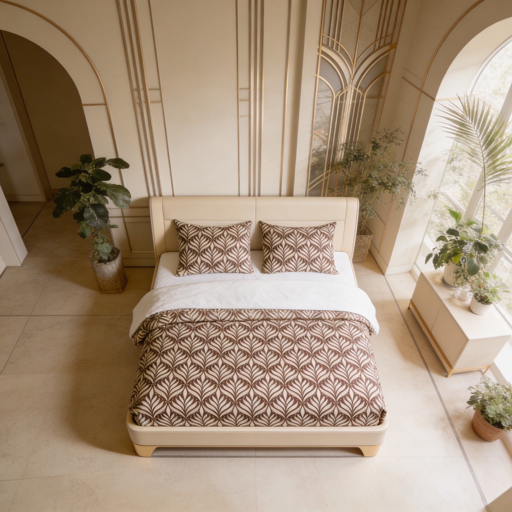 a well-decorated bedroom with a large bed, a window, and various decorative elements such as potted plants and a mirror.