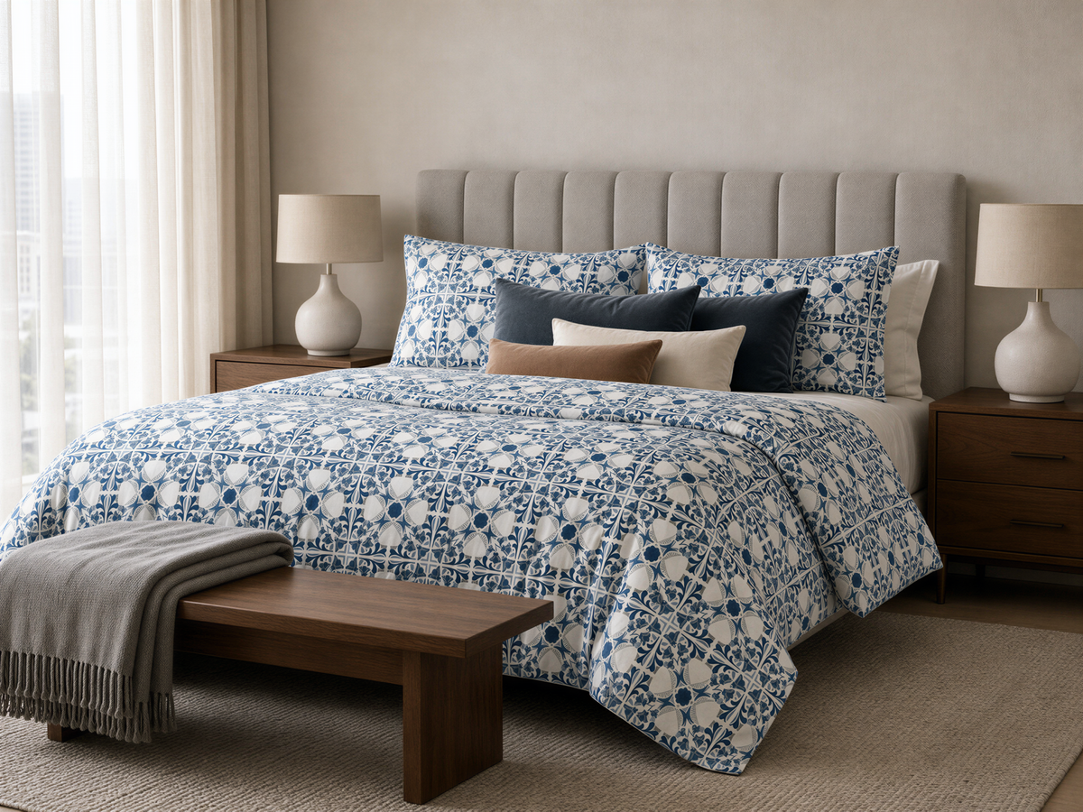 a well-furnished bedroom with a large bed, a wooden bench, and two nightstands with lamps. The bed is covered in a blue and white patterned comforter and pillows, and the room has a neutral color scheme with beige walls and a gray carpet.