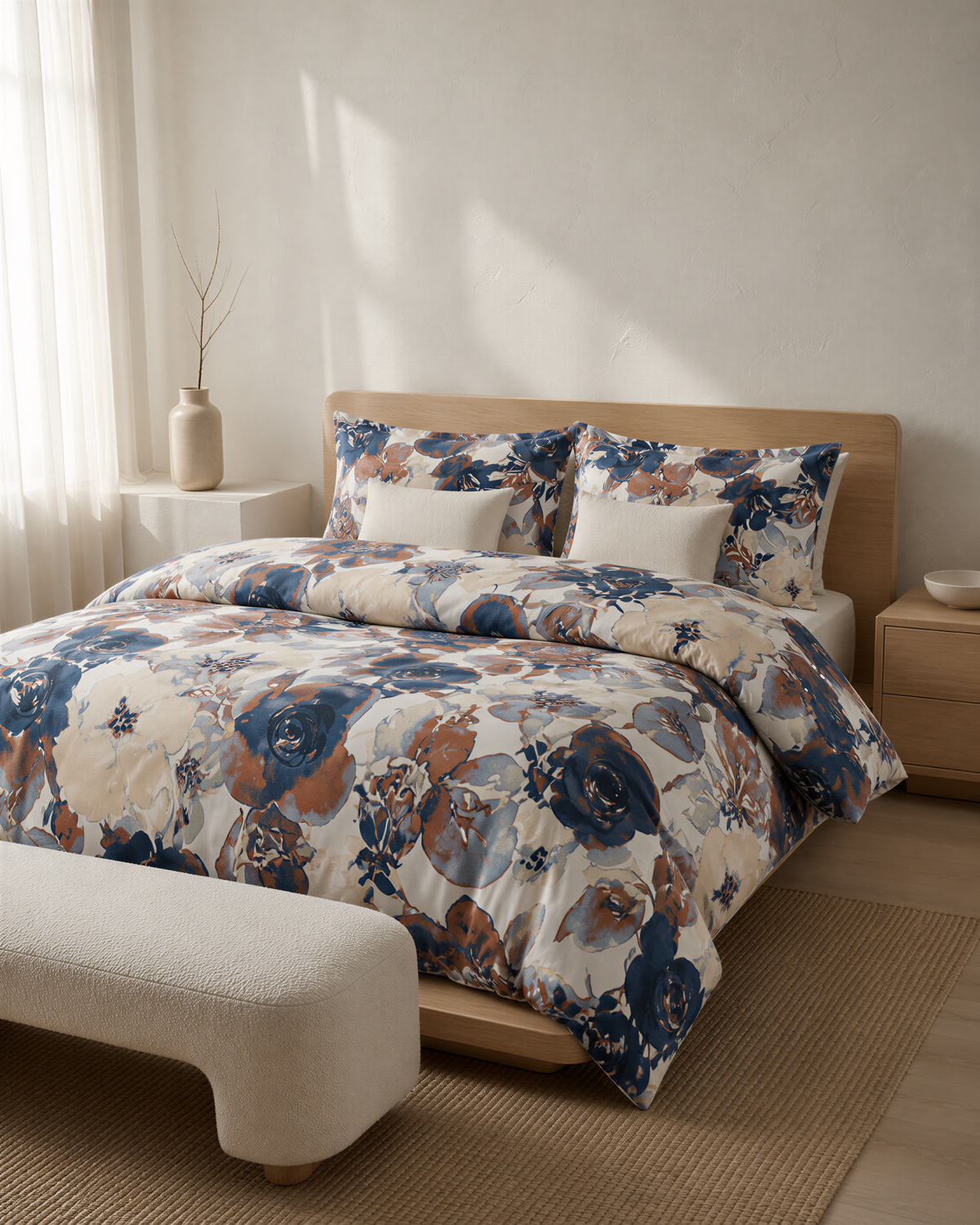 a bedroom with a large bed covered in a floral comforter and pillows. The bed is positioned against a wall, with a window and a nightstand nearby. The room has a neutral color scheme, with a beige bench and a white ottoman providing seating options. A vase and a plant are also present in the room, adding a touch of greenery and decoration.