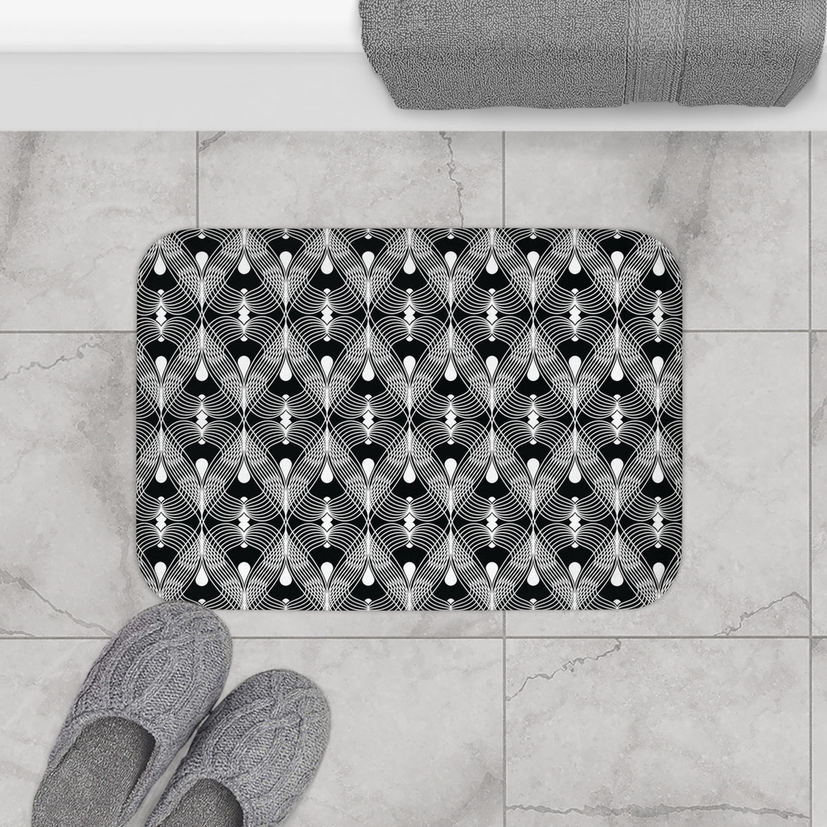 Black White Deco Fan Bath Mat, Art Deco Bathroom Rug