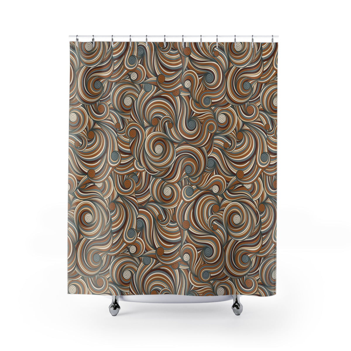 a shower curtain with a repeating pattern of swirls in various shades of brown and orange.